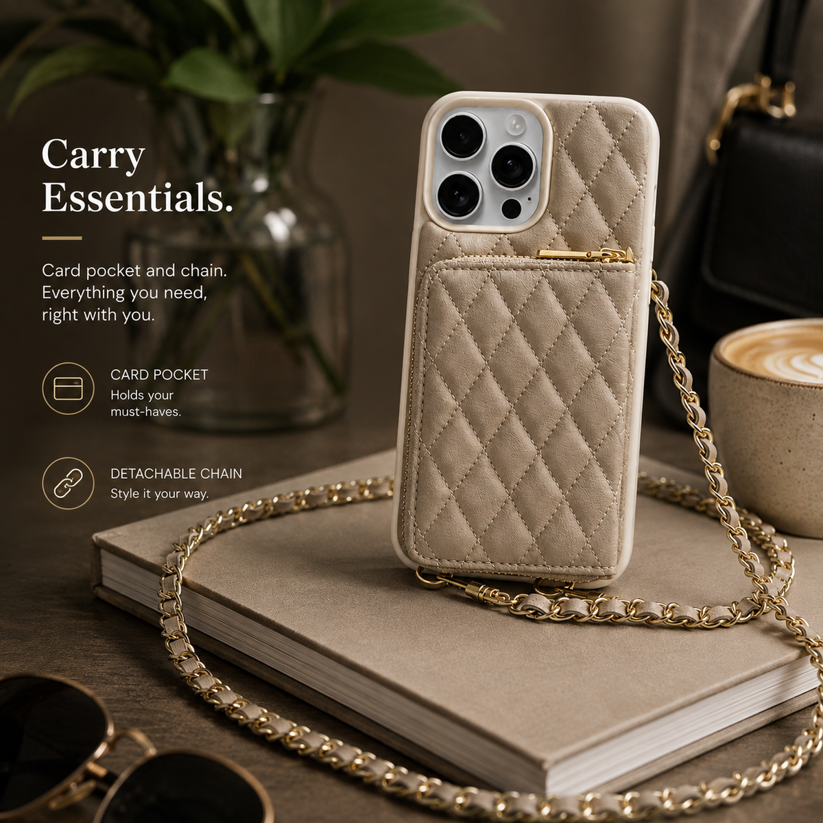 Premium iPhone Case Diamond Stitch Crossbody Wallet Card Holder Chain Strap Shockproof Leather Non Slip Portable Protective Phone Bag Clean Design Use