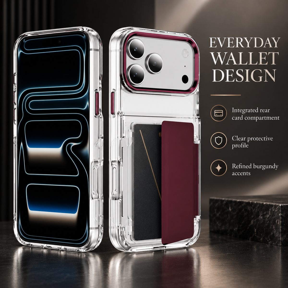 Premium iPhone Case Dual Card Slot Transparent Holder Wallet Shockproof Hard Cover Slim Anti Drop Scratch Resistant Durable Protective Phone Cover Shell Case