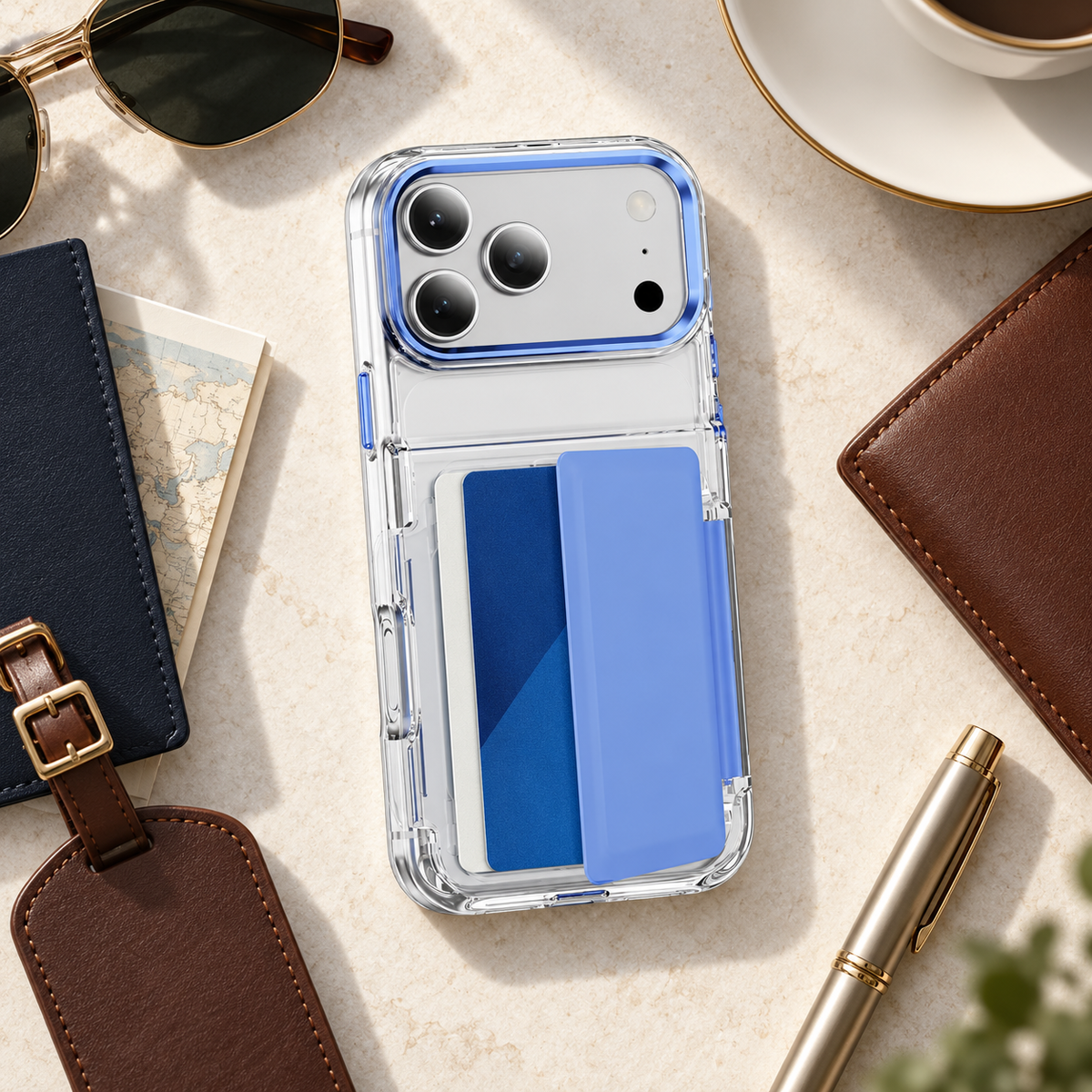 Premium iPhone Case Dual Card Slot Transparent Holder Wallet Shockproof Hard Cover Slim Anti Drop Scratch Resistant Durable Protective Phone Cover Shell Case