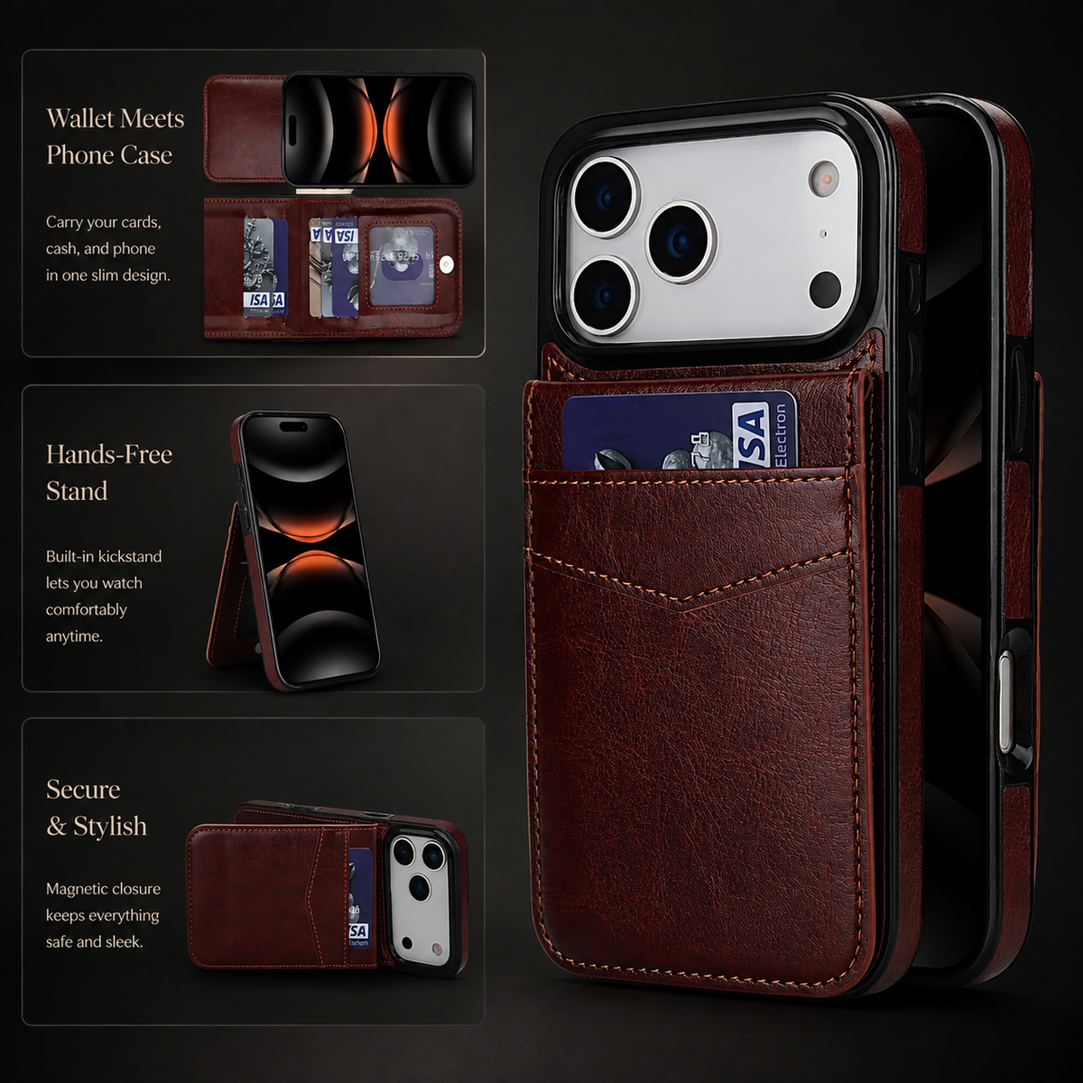 Premium iPhone Case Flip Wallet Card Holder Leather Cover Stand Shockproof Anti Fingerprint Protective Full Coverage Magnetic Retro Slim Design