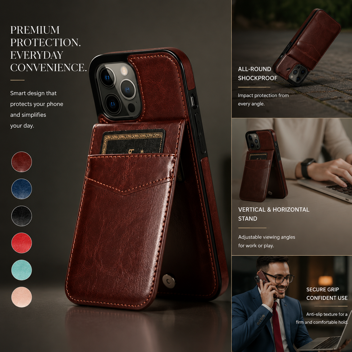 Premium iPhone Case Flip Wallet Card Holder Leather Cover Stand Shockproof Anti Fingerprint Protective Full Coverage Magnetic Retro Slim Design