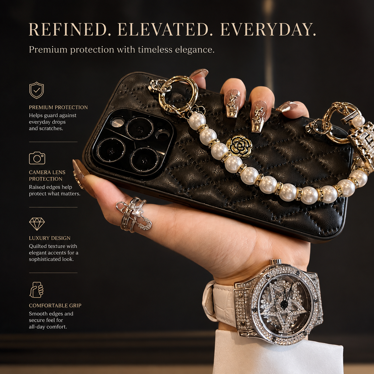Premium iPhone Case Floral 3D Camellia Design Protective Cover Shockproof Chain Strap Elegant Slim Lightweight Anti Scratch Full Coverage Modern Style