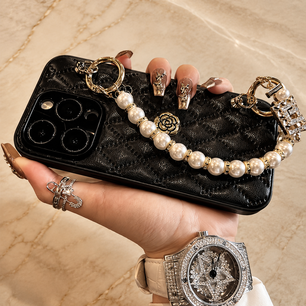 Premium iPhone Case Floral 3D Camellia Design Protective Cover Shockproof Chain Strap Elegant Slim Lightweight Anti Scratch Full Coverage Modern Style