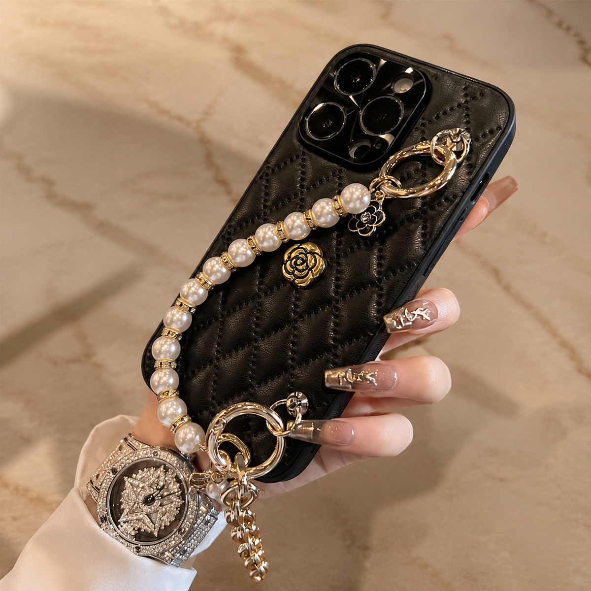 Premium iPhone Case Floral 3D Camellia Design Protective Cover Shockproof Chain Strap Elegant Slim Lightweight Anti Scratch Full Coverage Modern Style