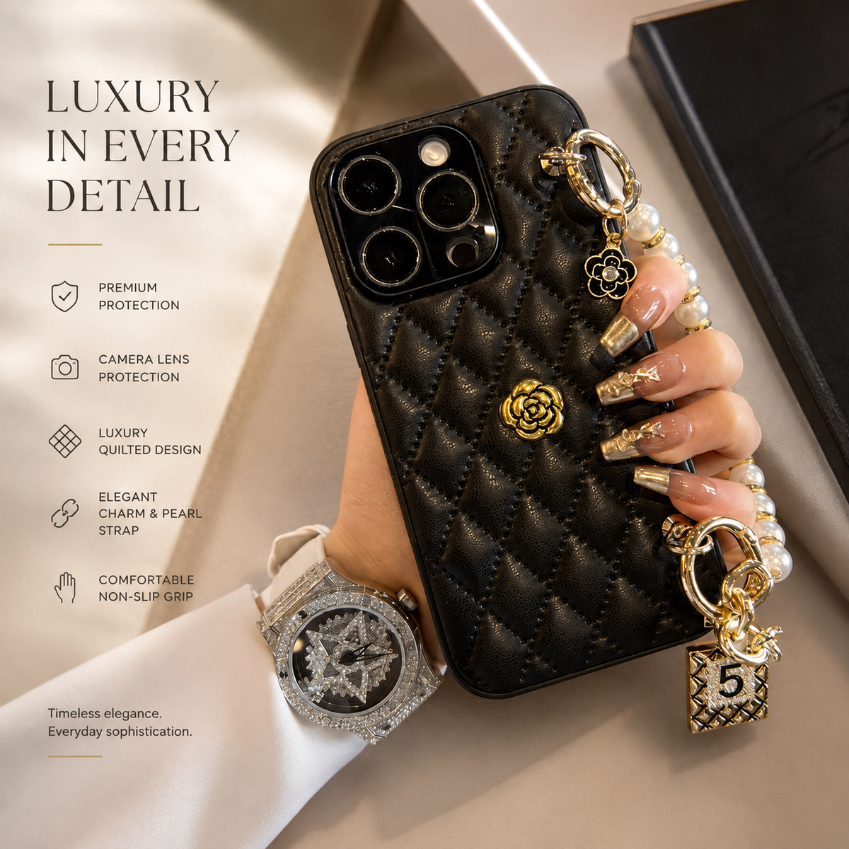 Premium iPhone Case Floral 3D Camellia Design Protective Cover Shockproof Chain Strap Elegant Slim Lightweight Anti Scratch Full Coverage Modern Style