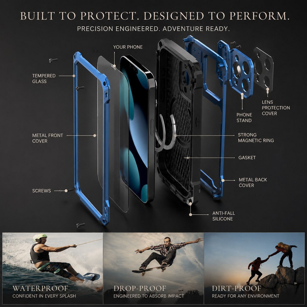 Premium iPhone Case Full Body Shockproof Screen Protector Sliding Camera Cover Kickstand Heavy Duty Anti Slip Scratch Resistant Protective Cover Design