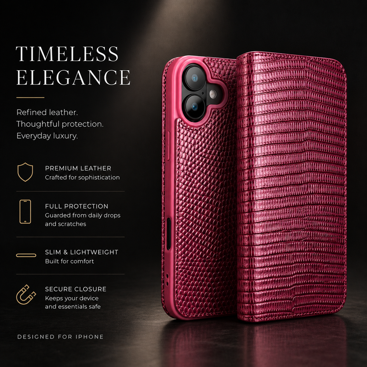 Premium iPhone Case Genuine Cowhide Leather Crocodile Grain Wallet Flip Cover Card Holder Magnetic Closure Kickstand Shockproof Full Body Protection!