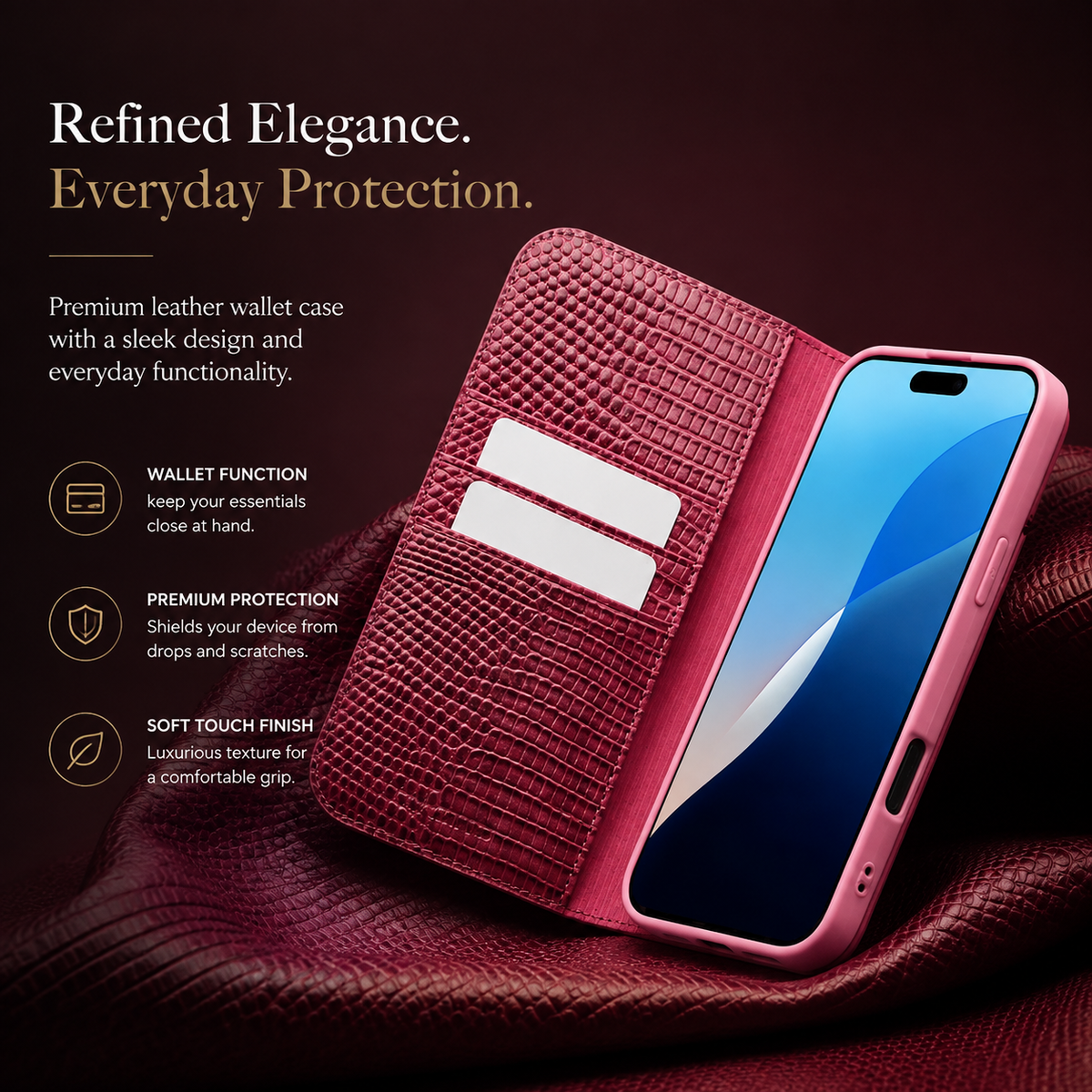 Premium iPhone Case Genuine Cowhide Leather Crocodile Grain Wallet Flip Cover Card Holder Magnetic Closure Shockproof Full Body Stand Slim Design