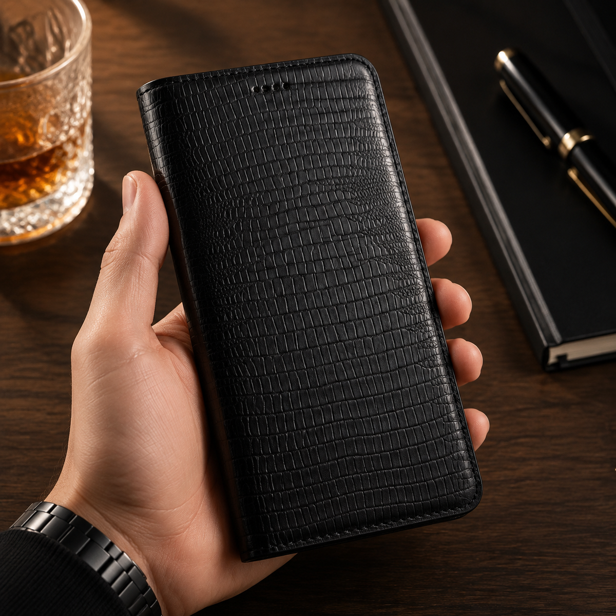 Premium iPhone Case Genuine Cowhide Leather Crocodile Grain Wallet Flip Cover Card Holder Magnetic Closure Shockproof Full Body Stand Slim Design