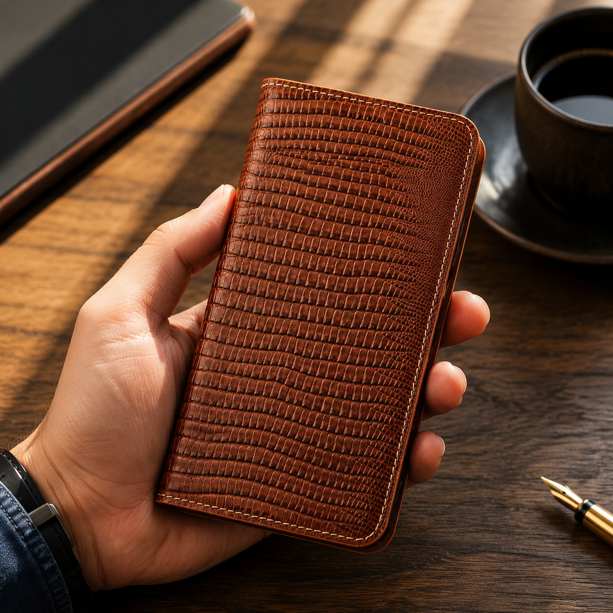Premium iPhone Case Genuine Cowhide Leather Crocodile Grain Wallet Flip Cover Card Holder Magnetic Closure Shockproof Full Body Stand Slim Design