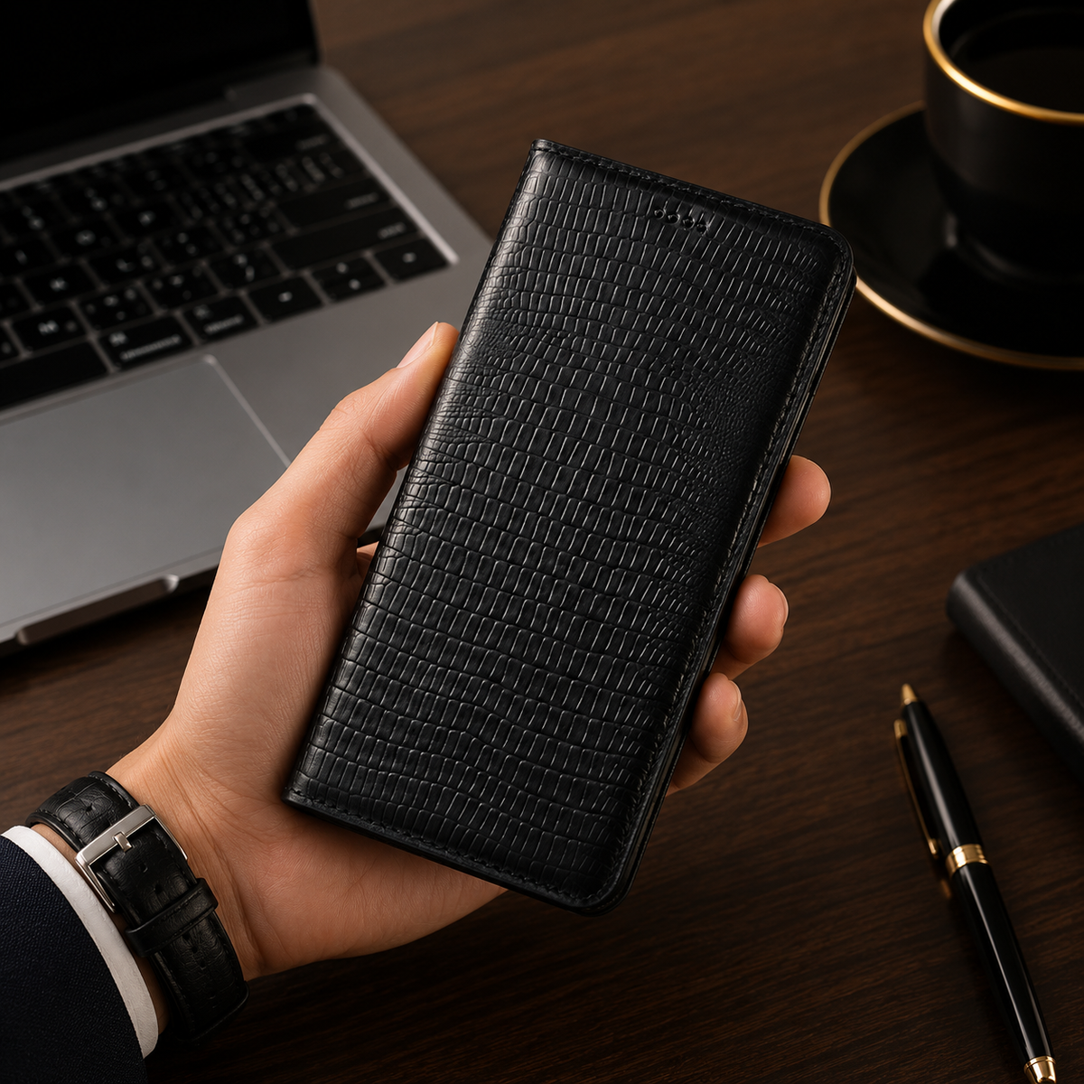Premium iPhone Case Genuine Cowhide Leather Crocodile Grain Wallet Flip Cover Card Holder Magnetic Closure Shockproof Full Body Stand Slim Design