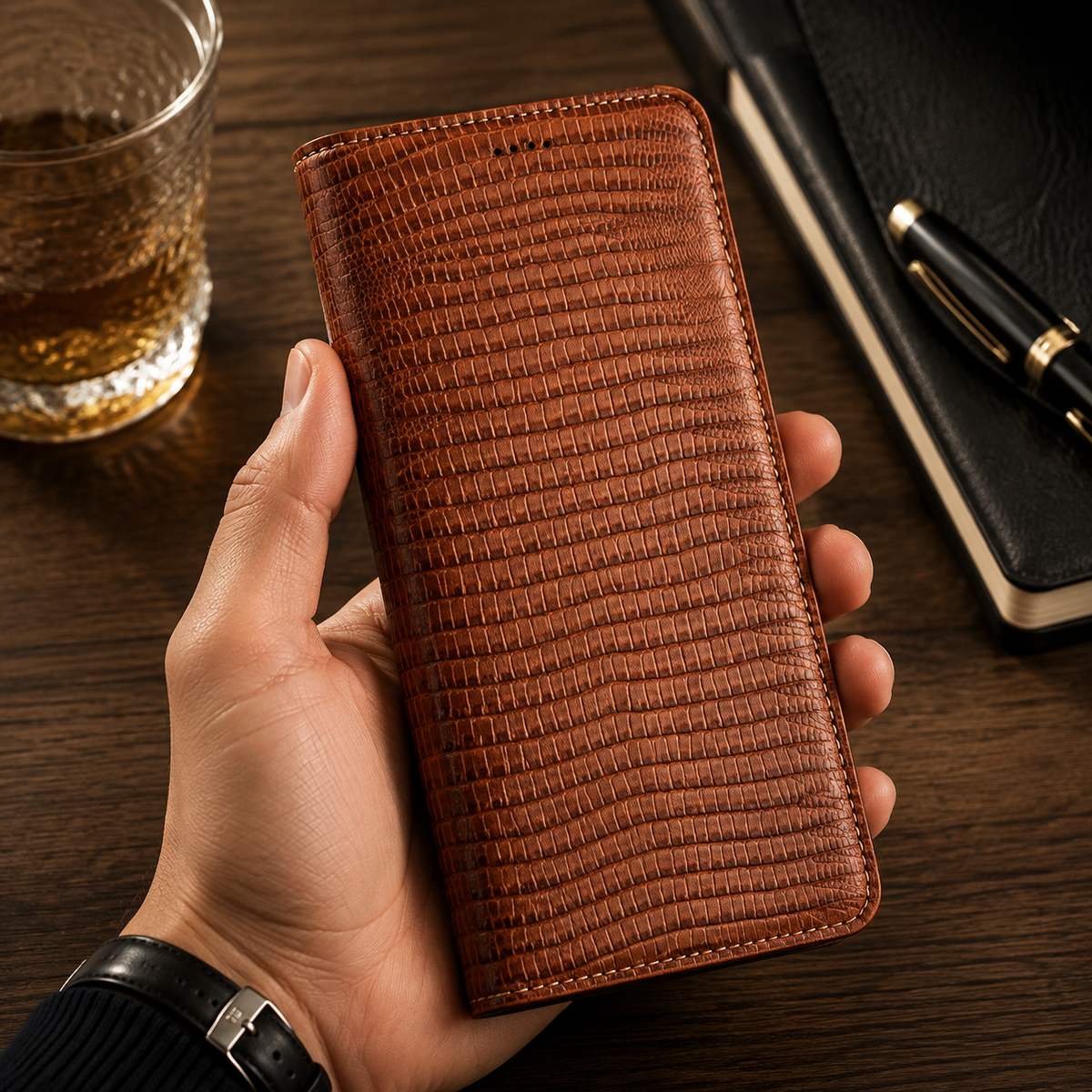 Premium iPhone Case Genuine Cowhide Leather Crocodile Grain Wallet Flip Cover Card Holder Magnetic Closure Shockproof Full Body Stand Slim Design