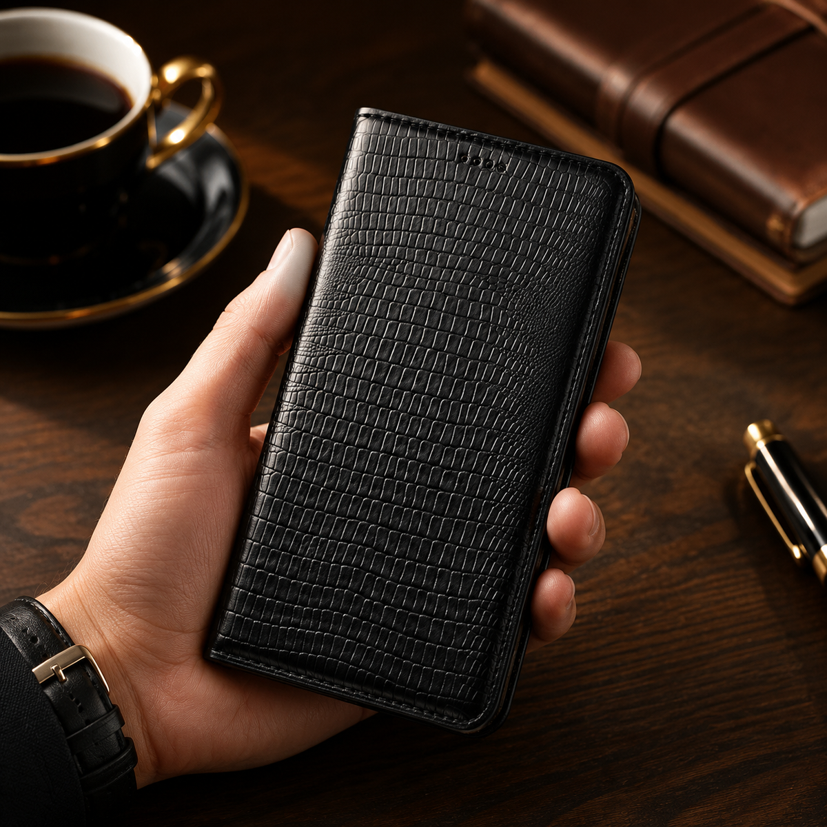 Premium iPhone Case Genuine Cowhide Leather Crocodile Grain Wallet Flip Cover Card Holder Magnetic Closure Shockproof Full Body Stand Slim Design