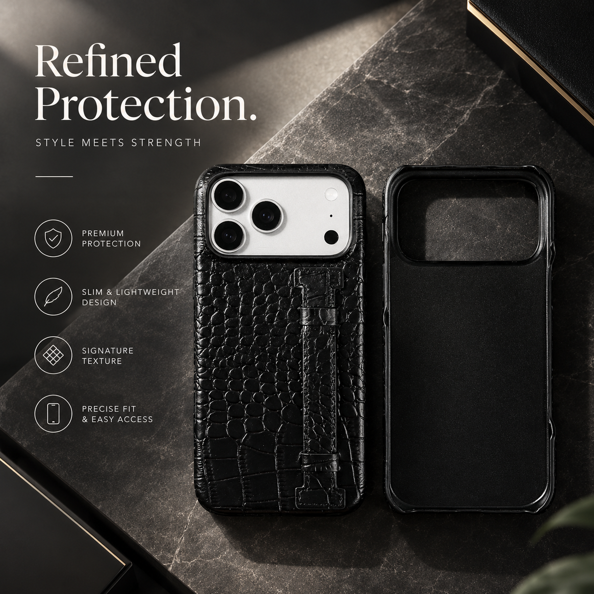 Premium iPhone Case Genuine Leather Crocodile Pattern Shockproof Protective Cover Wrist Strap Kickstand Anti Scratch Non Slip Slim Lightweight Case