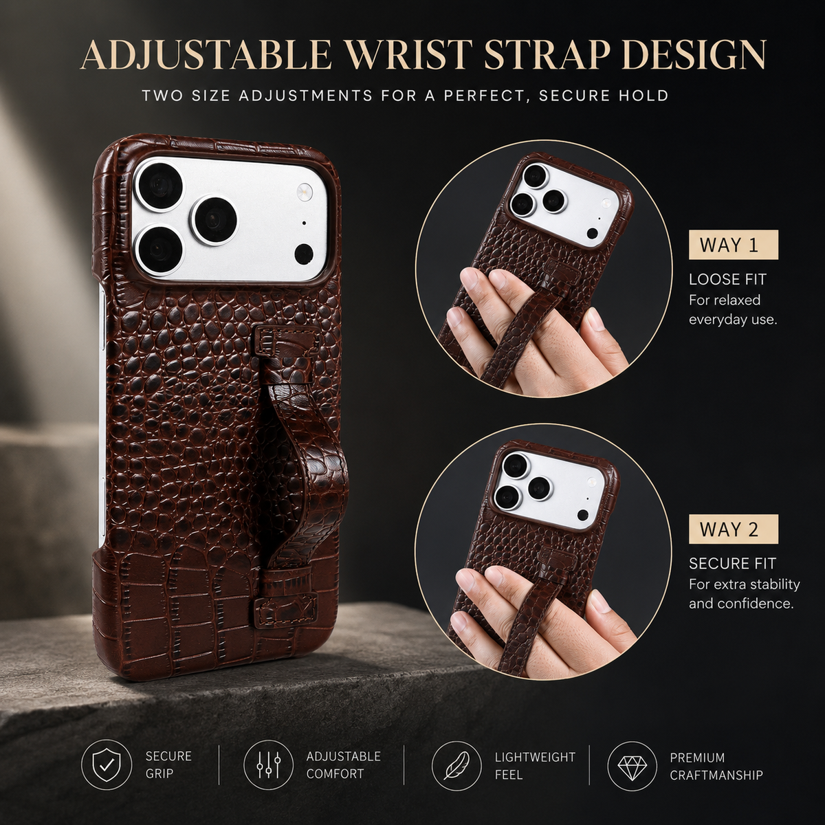 Premium iPhone Case Genuine Leather Crocodile Pattern Shockproof Protective Cover Wrist Strap Kickstand Anti Scratch Non Slip Slim Lightweight Case