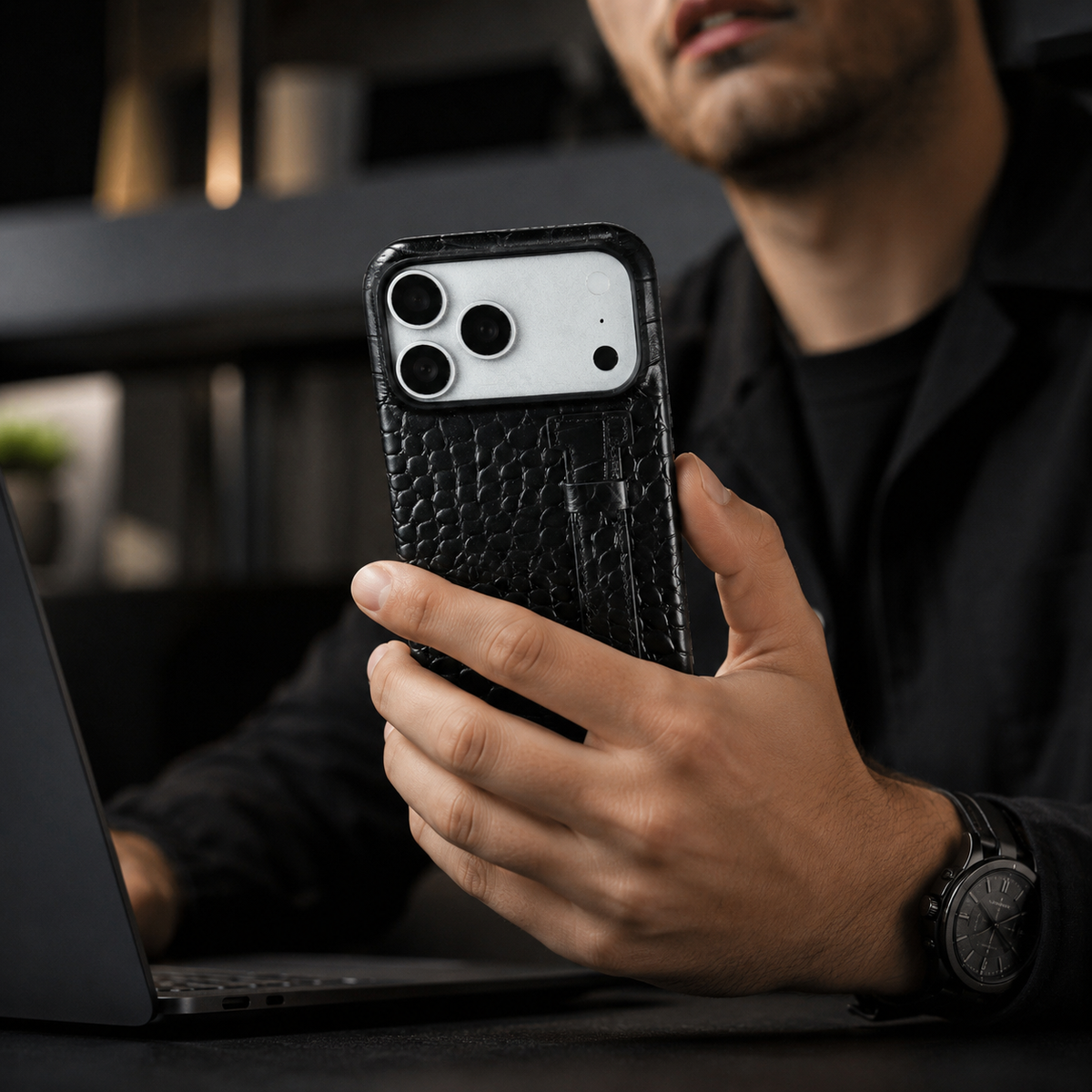 Premium iPhone Case Genuine Leather Crocodile Pattern Shockproof Protective Cover Wrist Strap Kickstand Anti Scratch Non Slip Slim Lightweight Case