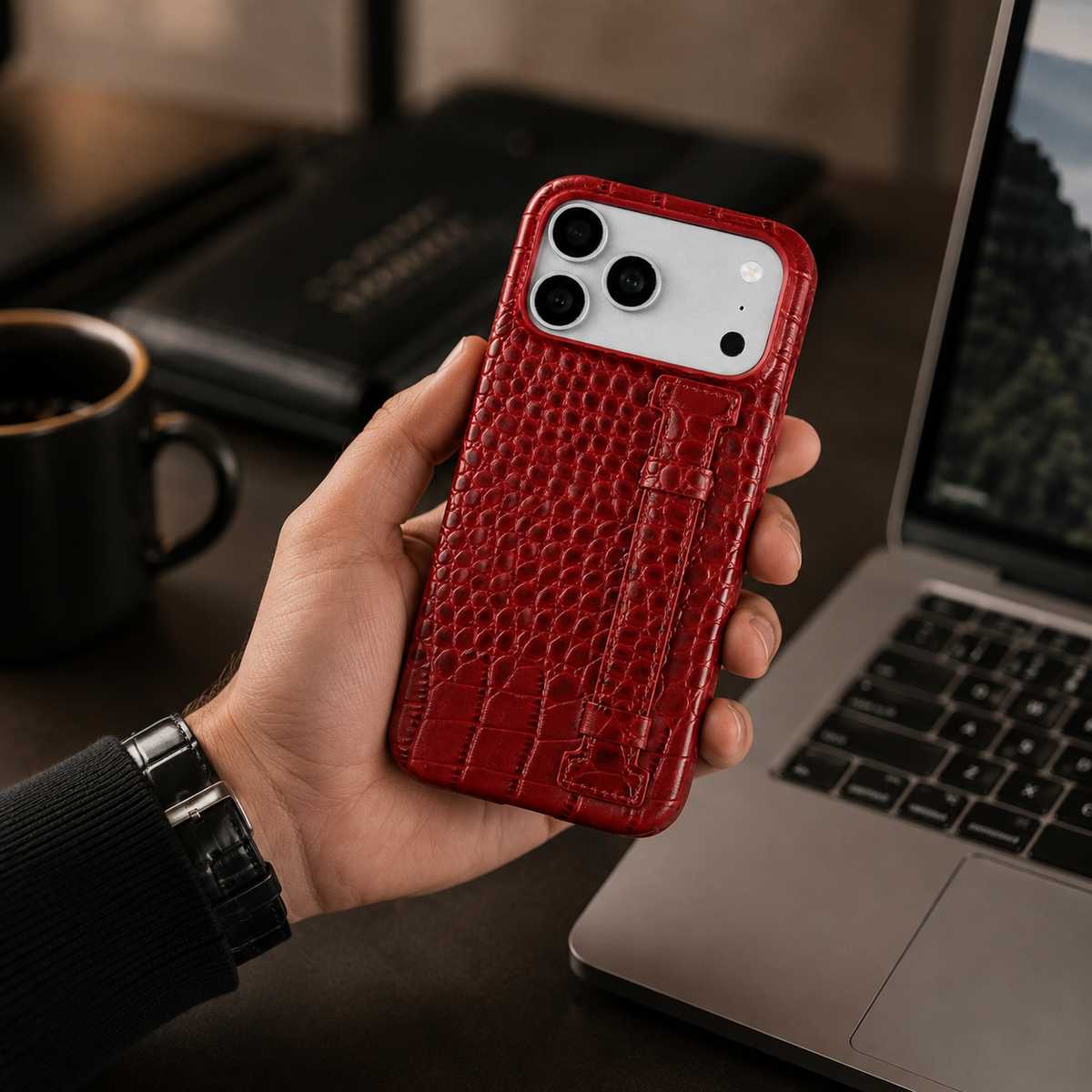 Premium iPhone Case Genuine Leather Crocodile Pattern Shockproof Protective Cover Wrist Strap Kickstand Anti Scratch Non Slip Slim Lightweight Case