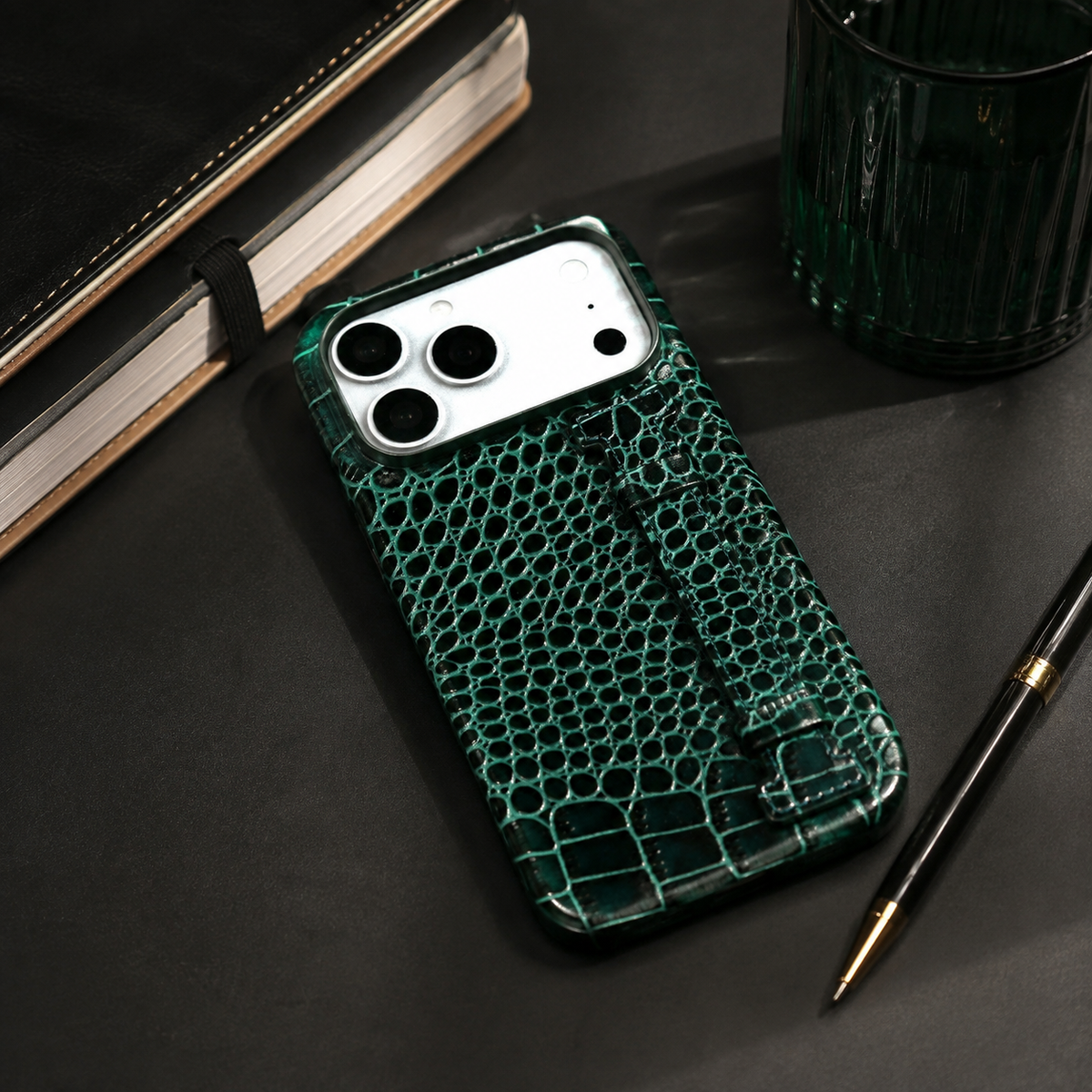 Premium iPhone Case Genuine Leather Crocodile Pattern Shockproof Protective Cover Wrist Strap Kickstand Anti Scratch Non Slip Slim Lightweight Case