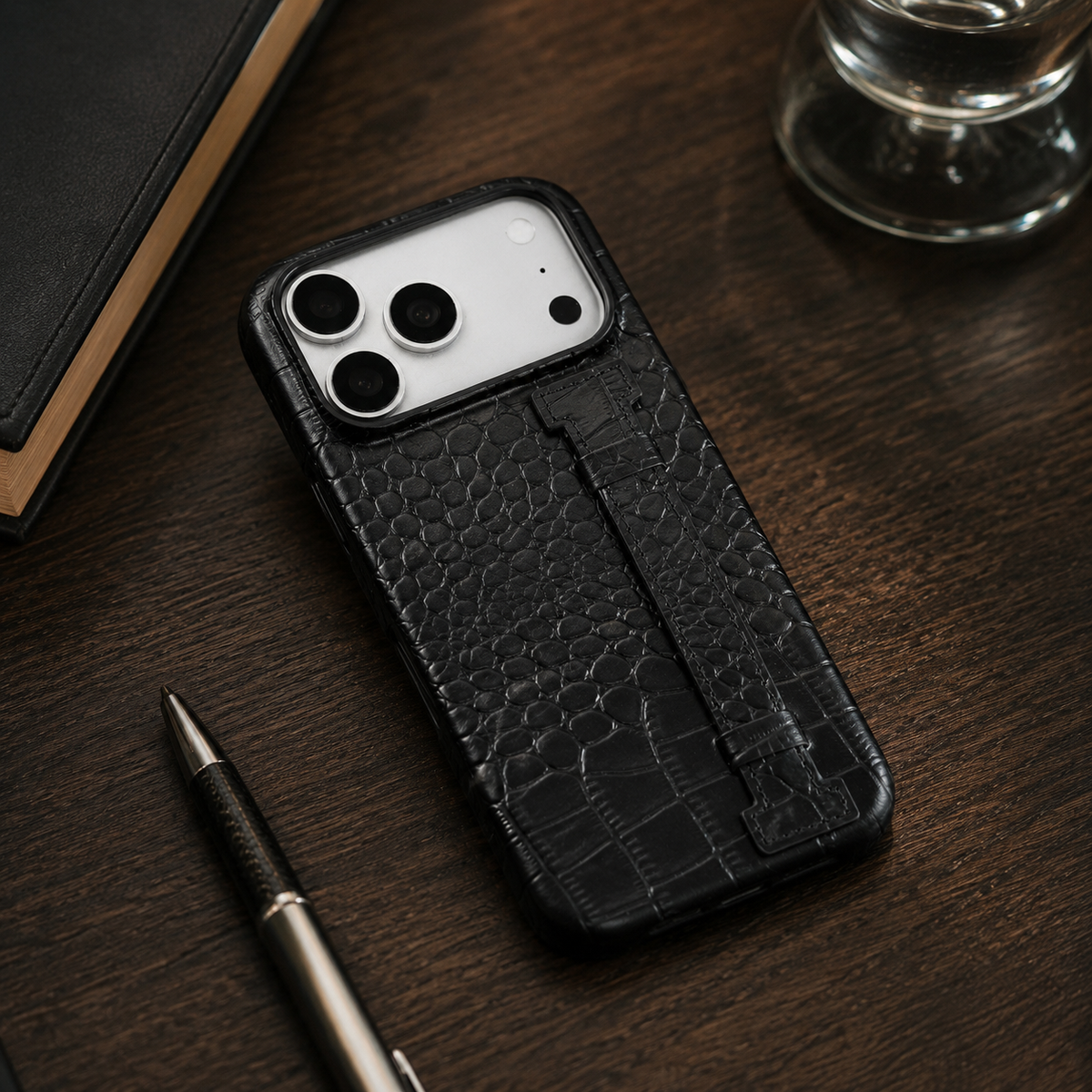 Premium iPhone Case Genuine Leather Crocodile Pattern Shockproof Protective Cover Wrist Strap Kickstand Anti Scratch Non Slip Slim Lightweight Case