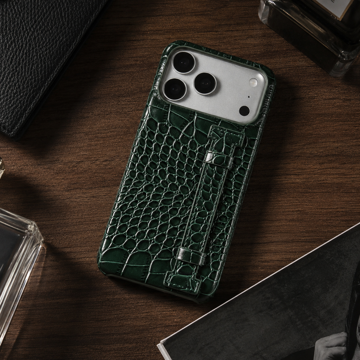 Premium iPhone Case Genuine Leather Crocodile Pattern Shockproof Protective Cover Wrist Strap Kickstand Anti Scratch Non Slip Slim Lightweight Case