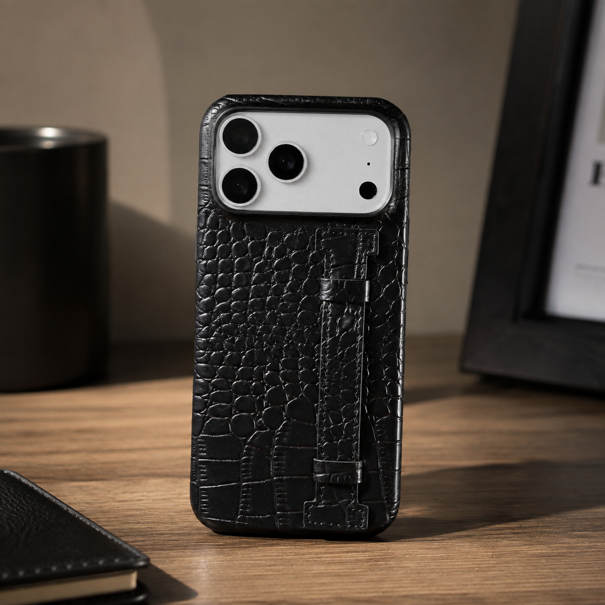 Premium iPhone Case Genuine Leather Crocodile Pattern Shockproof Protective Cover Wrist Strap Kickstand Anti Scratch Non Slip Slim Lightweight Case