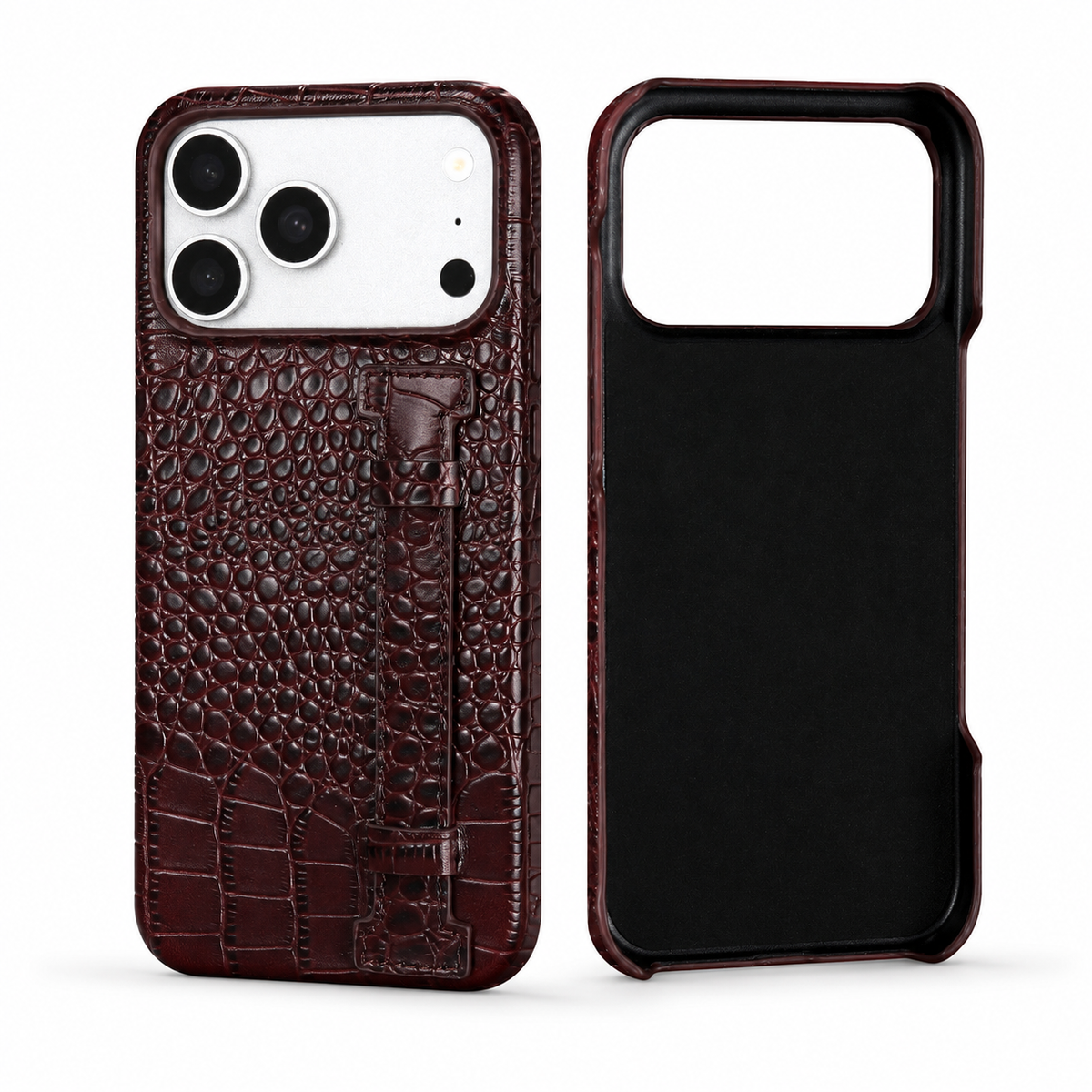 Premium iPhone Case Genuine Leather Crocodile Pattern Shockproof Protective Cover Wrist Strap Kickstand Anti Scratch Non Slip Slim Lightweight Case