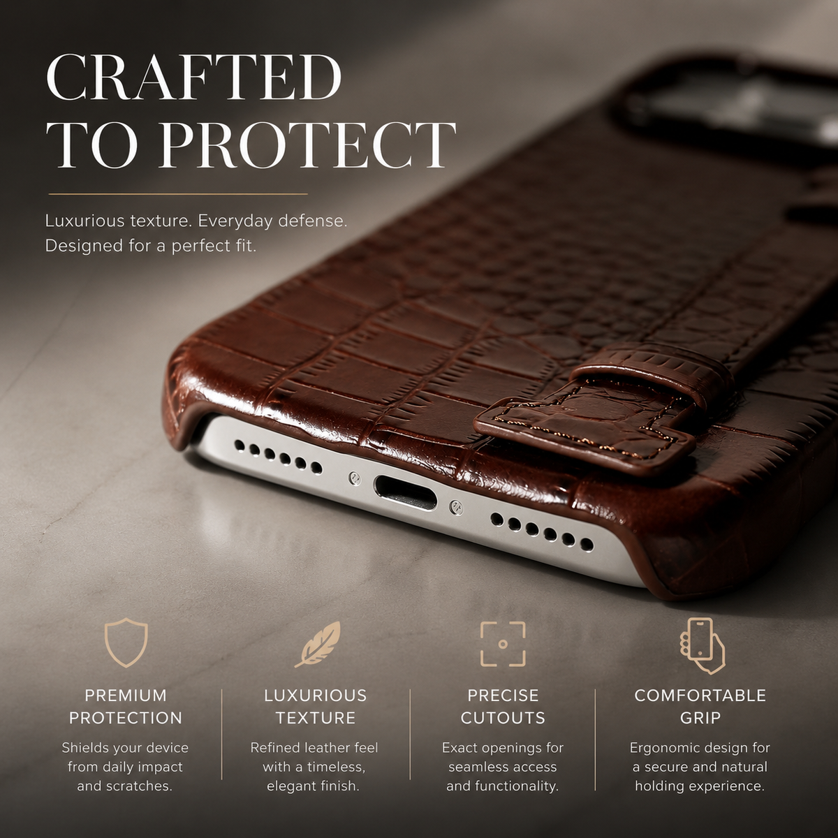 Premium iPhone Case Genuine Leather Crocodile Pattern Shockproof Protective Cover Wrist Strap Kickstand Anti Scratch Non Slip Slim Lightweight Case