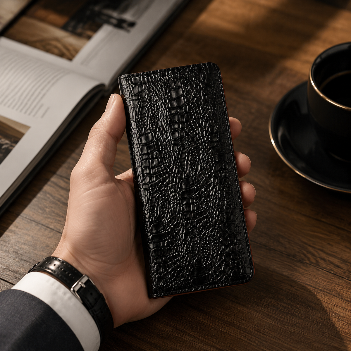 Premium iPhone Case Genuine Leather Crocodile Texture Flip Cover Card Pocket Shockproof Full Protection Anti Scratch Non Slip Slim Design