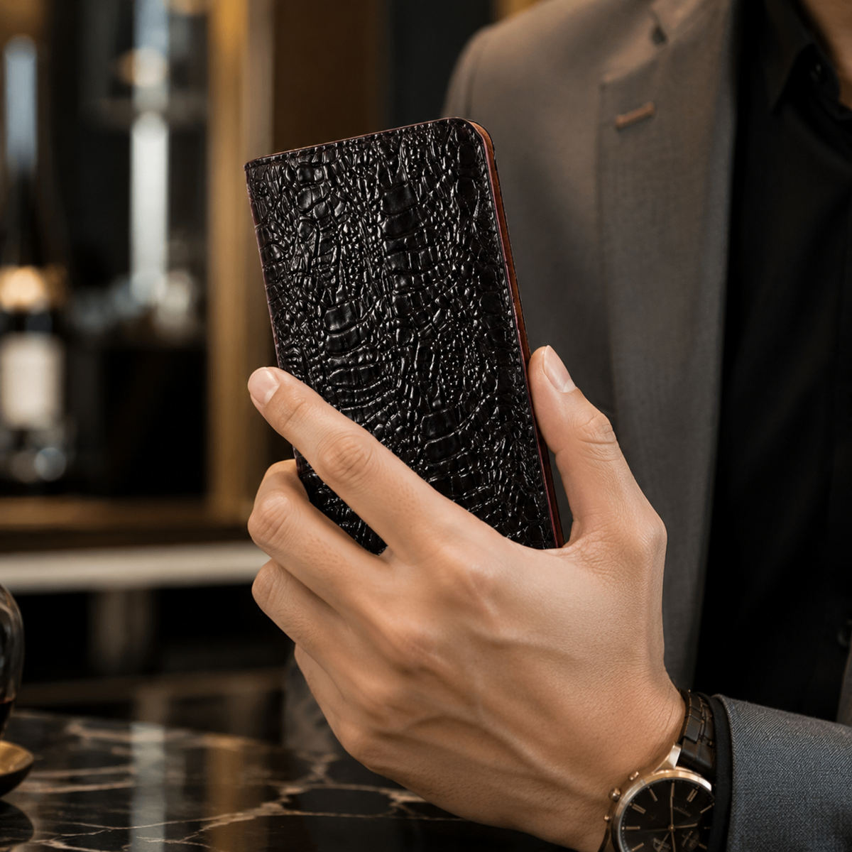 Premium iPhone Case Genuine Leather Crocodile Texture Flip Cover Card Pocket Shockproof Full Protection Anti Scratch Non Slip Slim Design