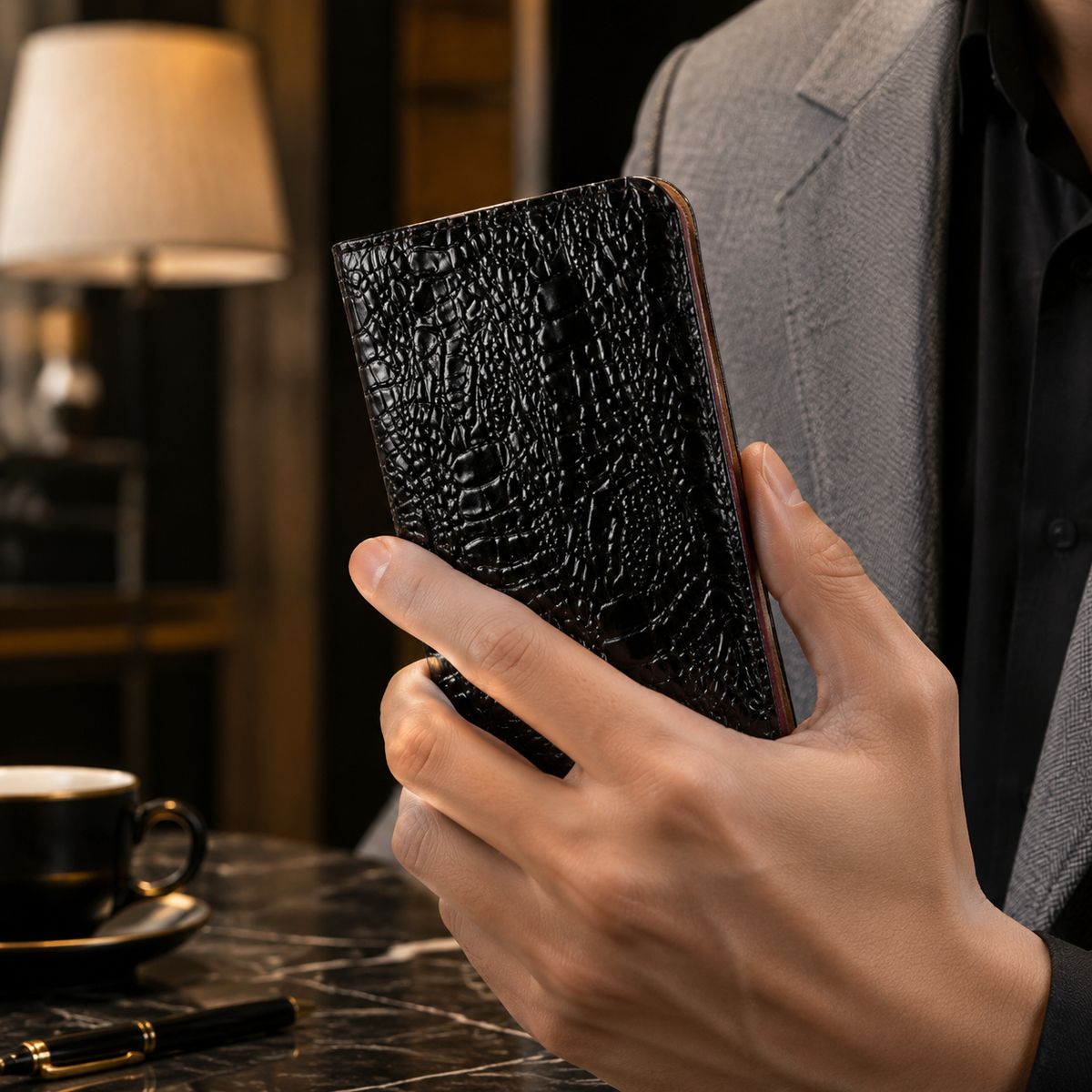 Premium iPhone Case Genuine Leather Crocodile Texture Flip Cover Card Pocket Shockproof Full Protection Anti Scratch Non Slip Slim Design