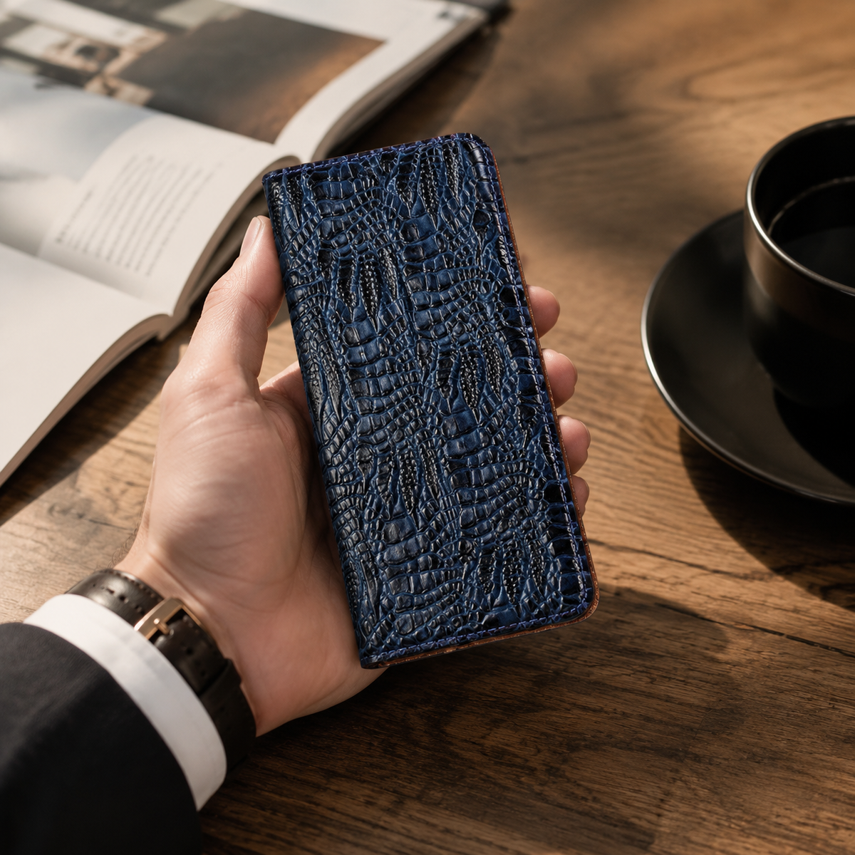 Premium iPhone Case Genuine Leather Crocodile Texture Flip Cover Card Pocket Shockproof Full Protection Anti Scratch Non Slip Slim Design