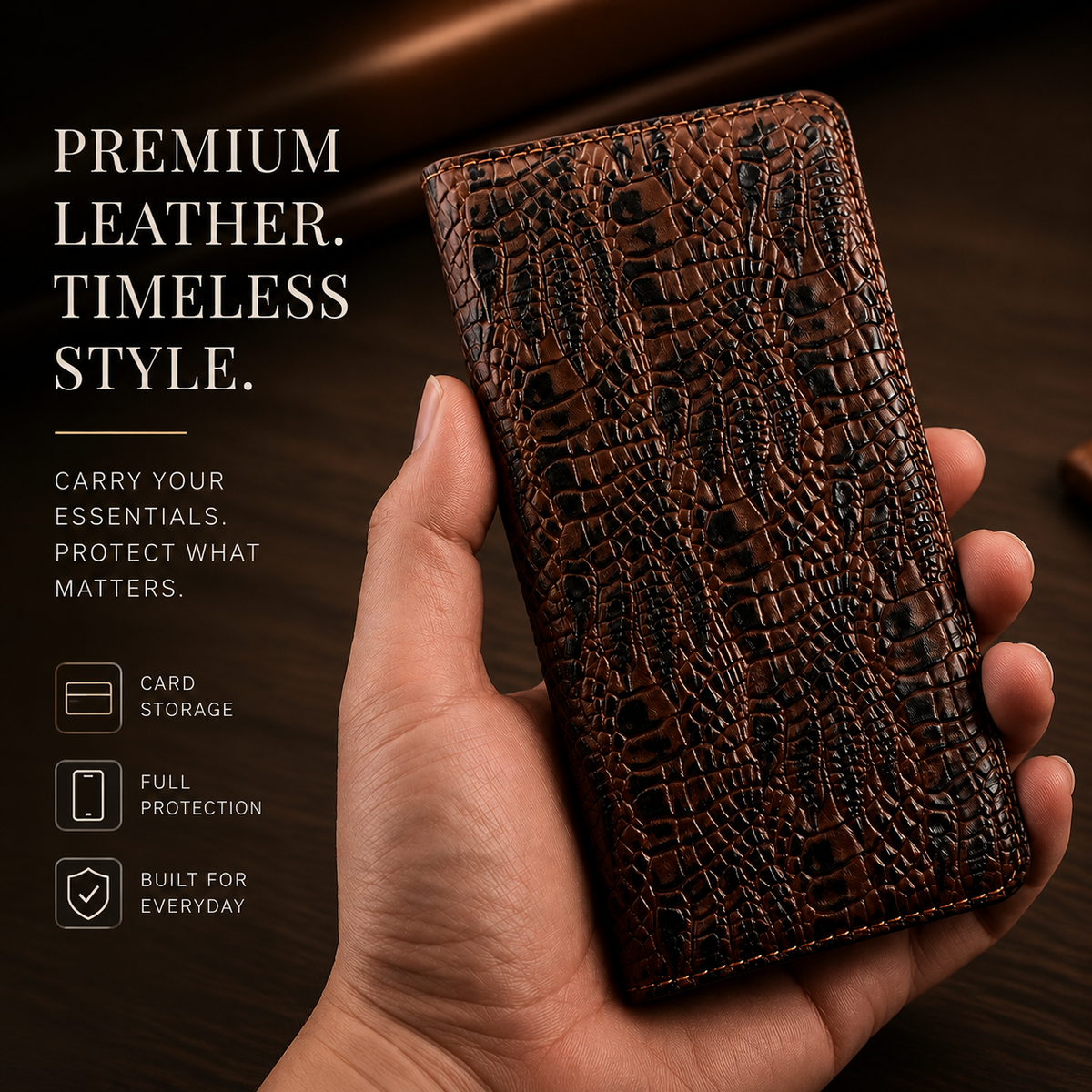 Premium iPhone Case Genuine Leather Crocodile Texture Flip Cover Card Pocket Shockproof Full Protection Anti Scratch Non Slip Slim Design