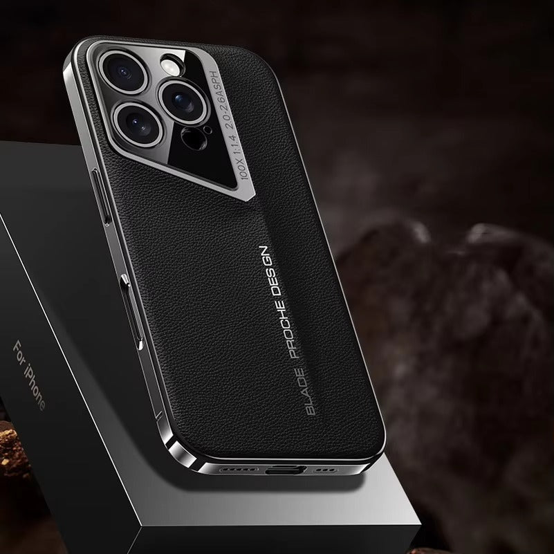 Premium iPhone Case Genuine Leather Electroplated Shockproof Protective Cover Hard PC Back Camera Lens Protection Anti Slip Grip Ultra Thin Slim Design