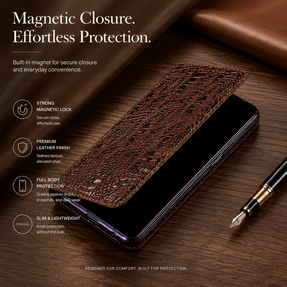 Premium iPhone Case Genuine Leather Flip Cover Card Pocket Non Slip Full Protection Scratch Resistant Soft Interior Slim Wallet Design Matte Daily Use
