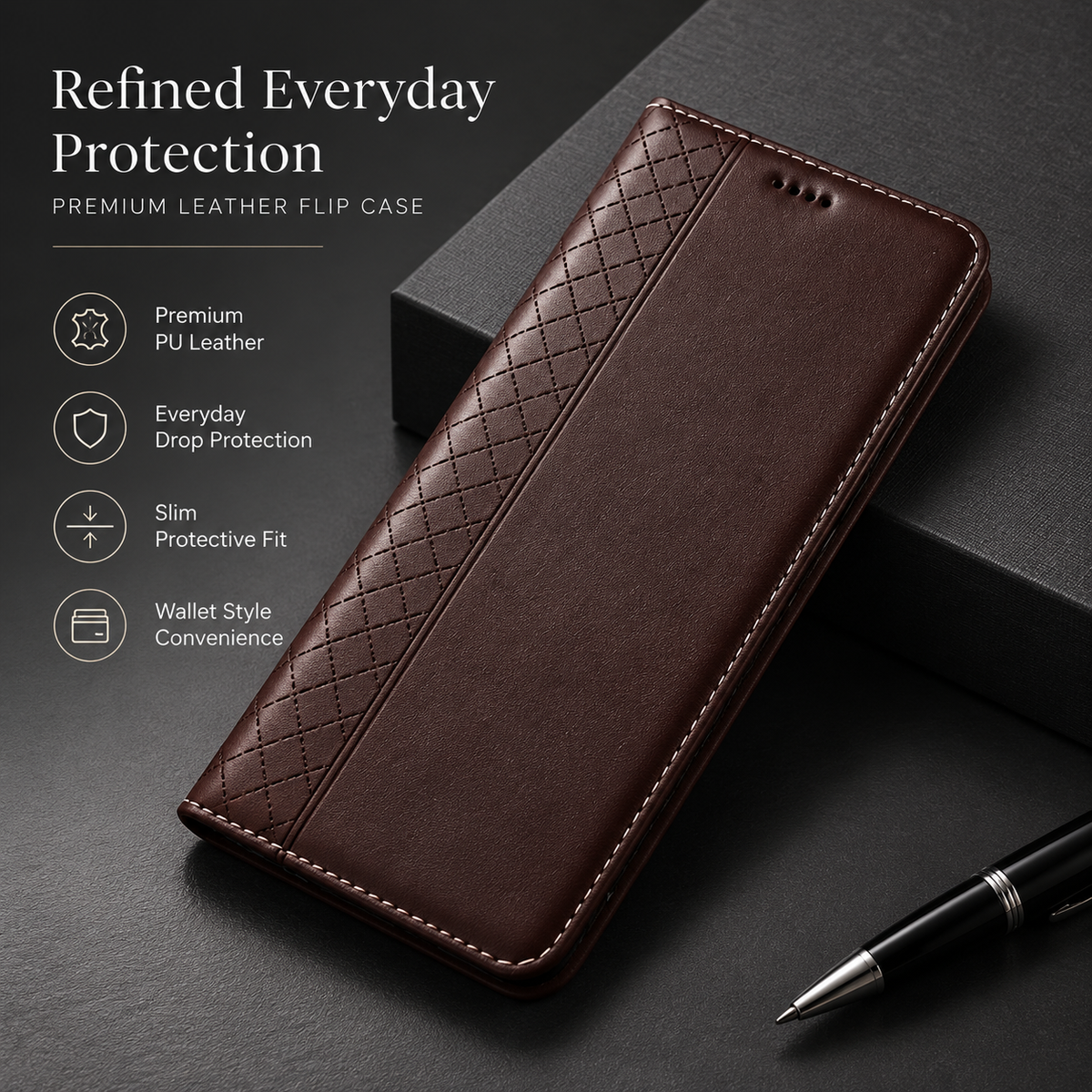 Premium iPhone Case Genuine Leather Flip Wallet Card Holder Kickstand Magnetic Closure Shockproof Protective Cover TPU Full Body Business Slim Design 
