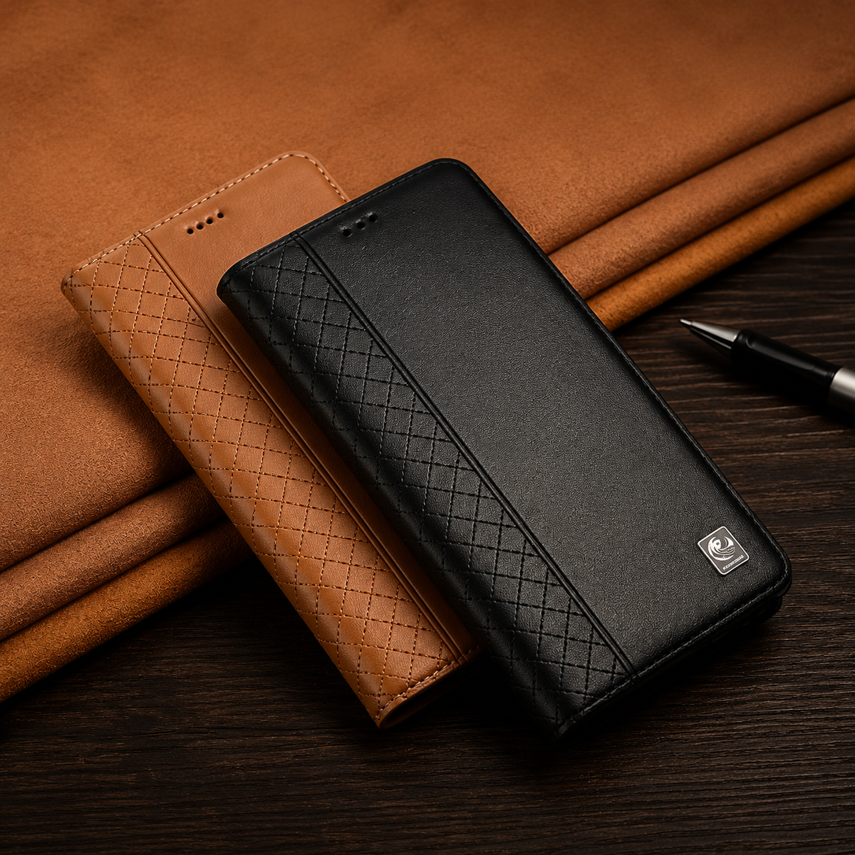 Premium iPhone Case Genuine Leather Flip Wallet Card Holder Kickstand Magnetic Closure Shockproof Protective Cover TPU Full Body Business Slim Design 