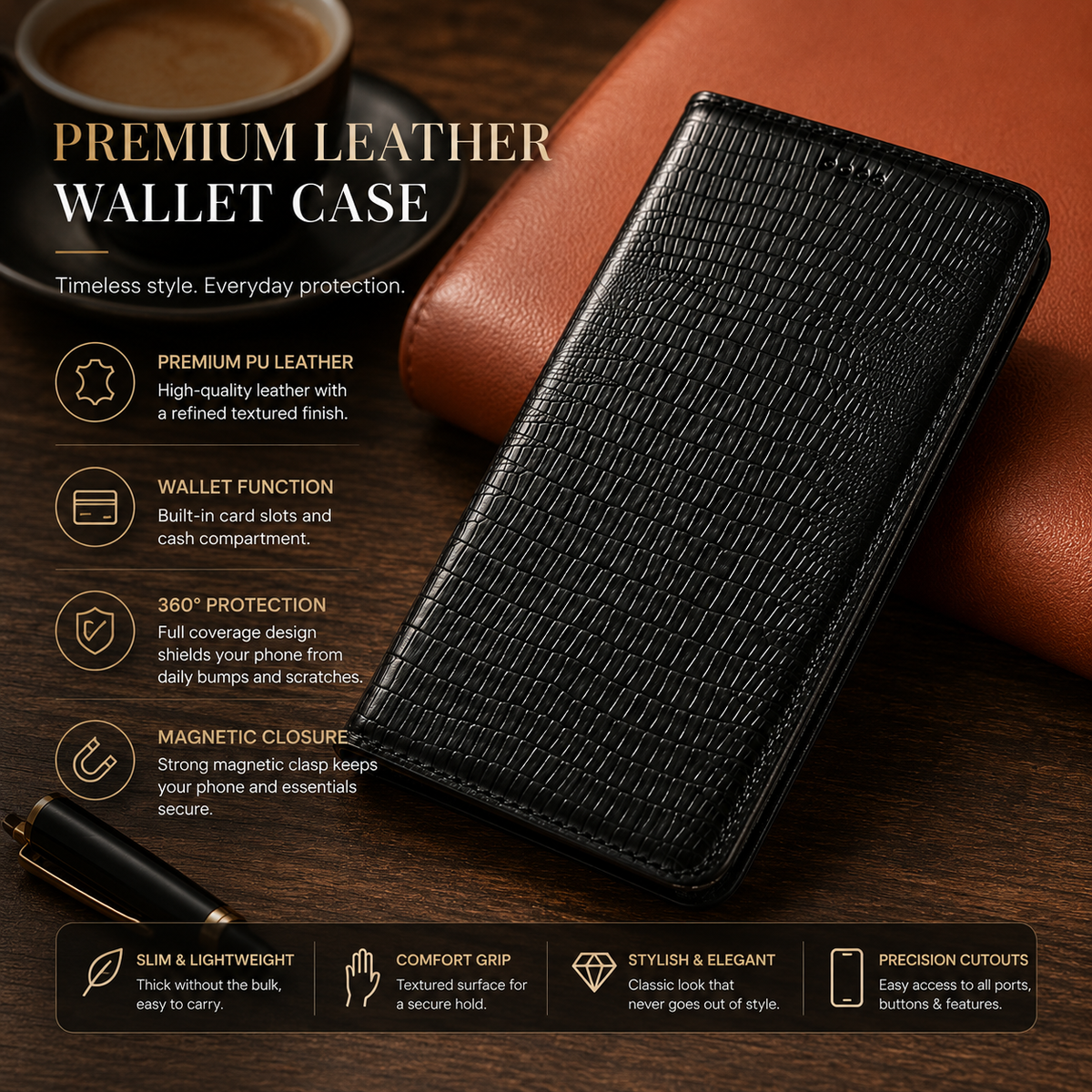 Premium iPhone Case Genuine Leather Flip Wallet Magnetic Closure Kickstand Card Holder Shockproof Dustproof Non Slip Full Coverage Protective Cover