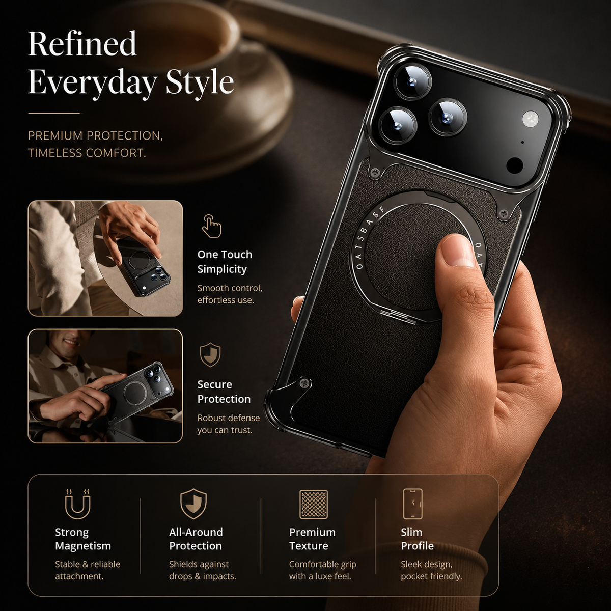 Premium iPhone Case Genuine Leather MagSafe Magnetic Cover Frameless Rotating Ring Stand Shockproof Anti-Drop Slim Protective Design for Everyday Uses