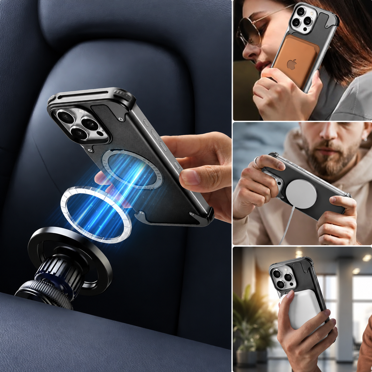 Premium iPhone Case Genuine Leather MagSafe Magnetic Cover Frameless Rotating Ring Stand Shockproof Anti-Drop Slim Protective Design for Everyday Uses