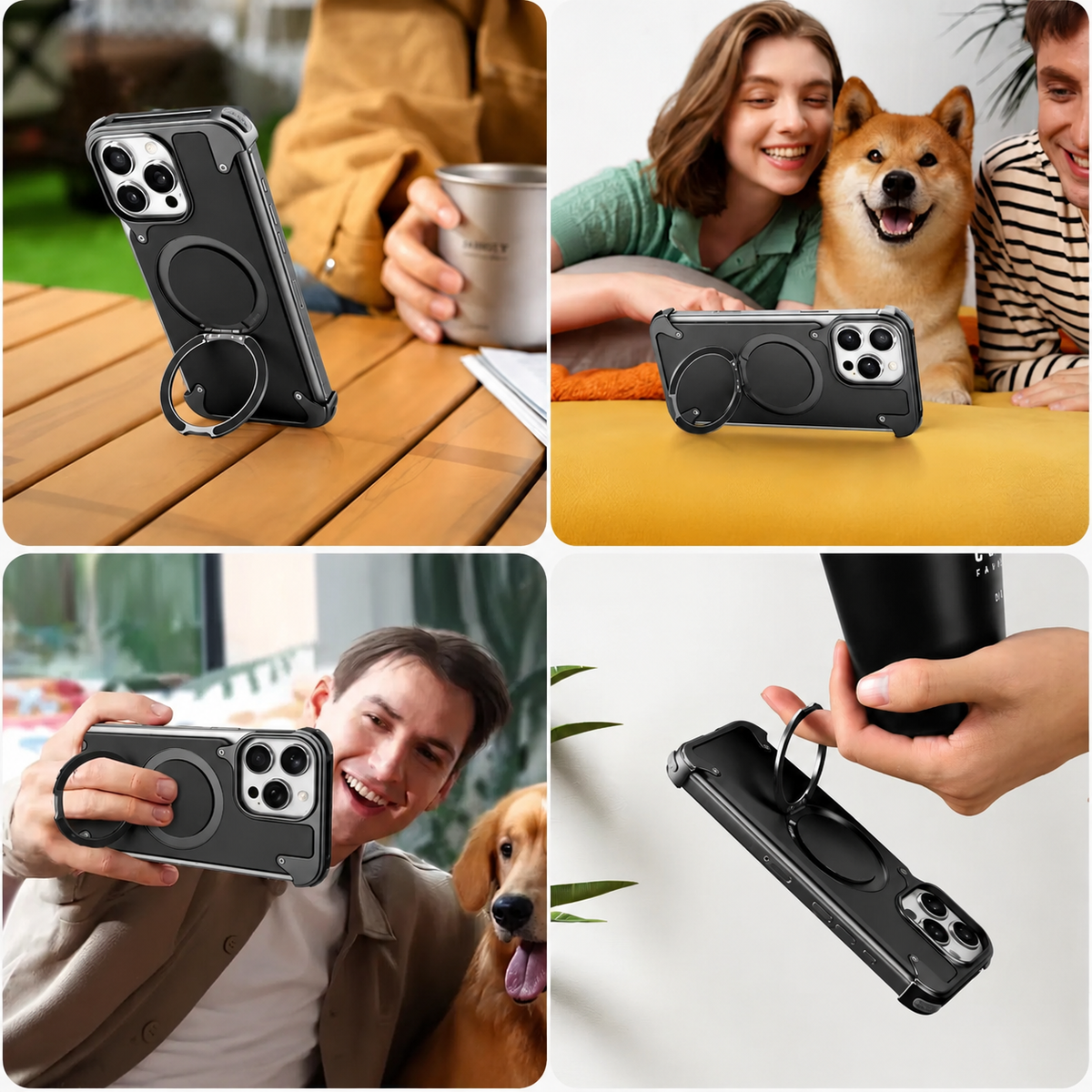 Premium iPhone Case Genuine Leather MagSafe Magnetic Cover Frameless Rotating Ring Stand Shockproof Anti-Drop Slim Protective Design for Everyday Uses
