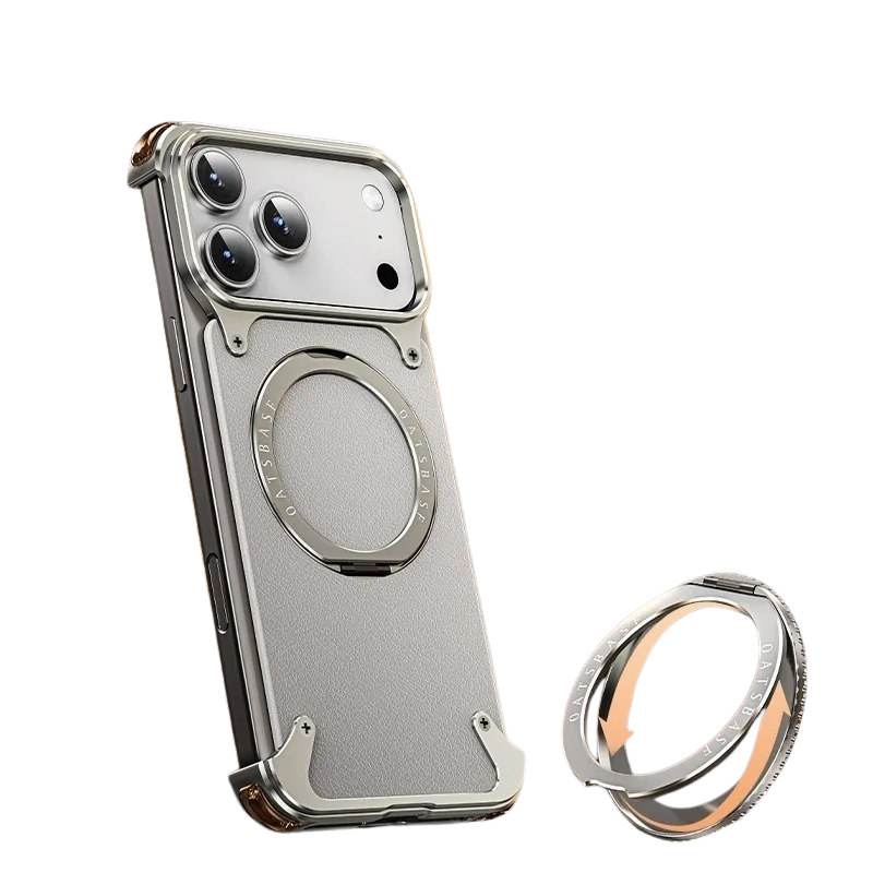 Premium iPhone Case Genuine Leather MagSafe Magnetic Cover Frameless Rotating Ring Stand Shockproof Anti-Drop Slim Protective Design for Everyday Uses