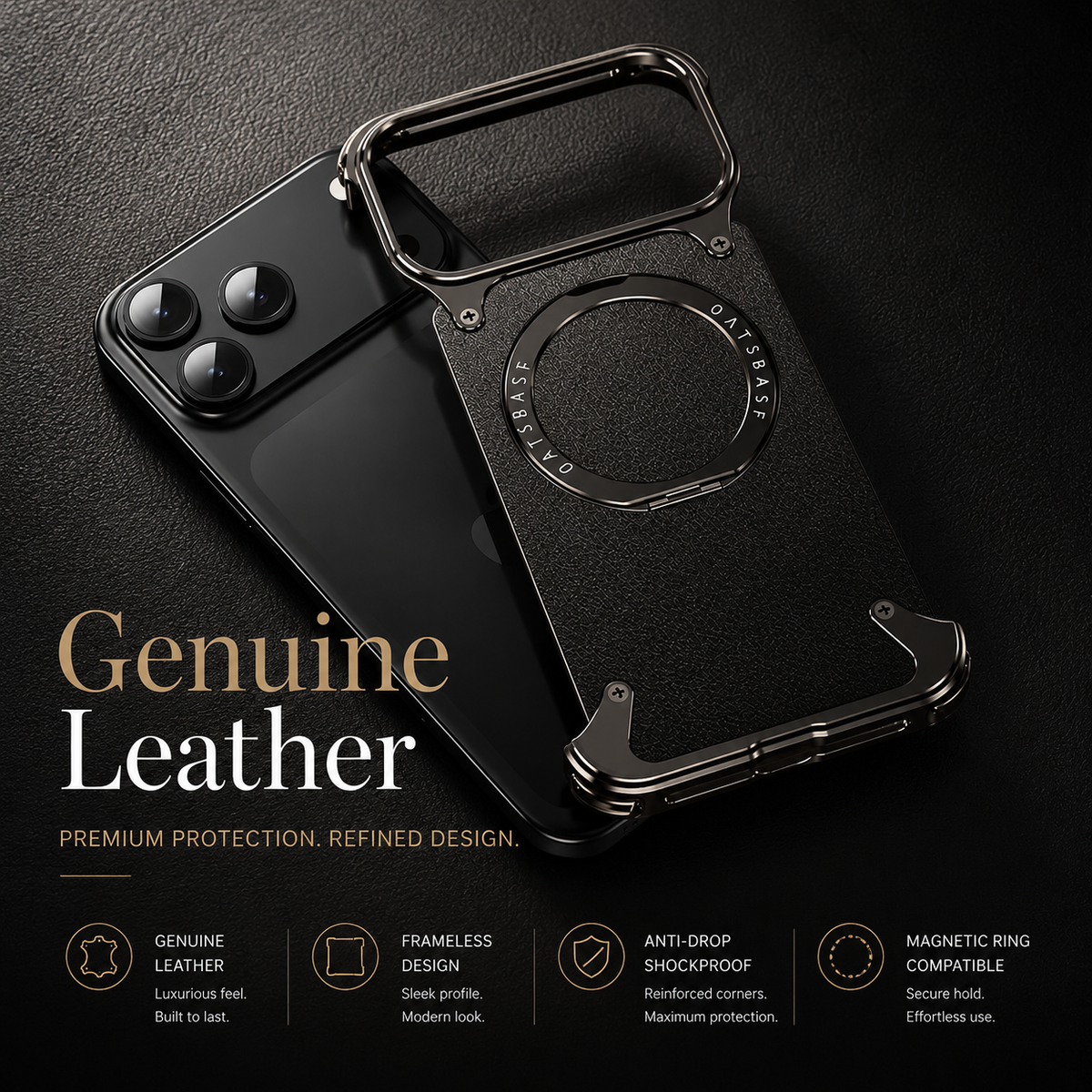 Premium iPhone Case Genuine Leather MagSafe Magnetic Cover Frameless Rotating Ring Stand Shockproof Anti-Drop Slim Protective Design for Everyday Uses
