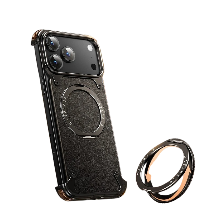Premium iPhone Case Genuine Leather MagSafe Magnetic Cover Frameless Rotating Ring Stand Shockproof Anti-Drop Slim Protective Design for Everyday Uses