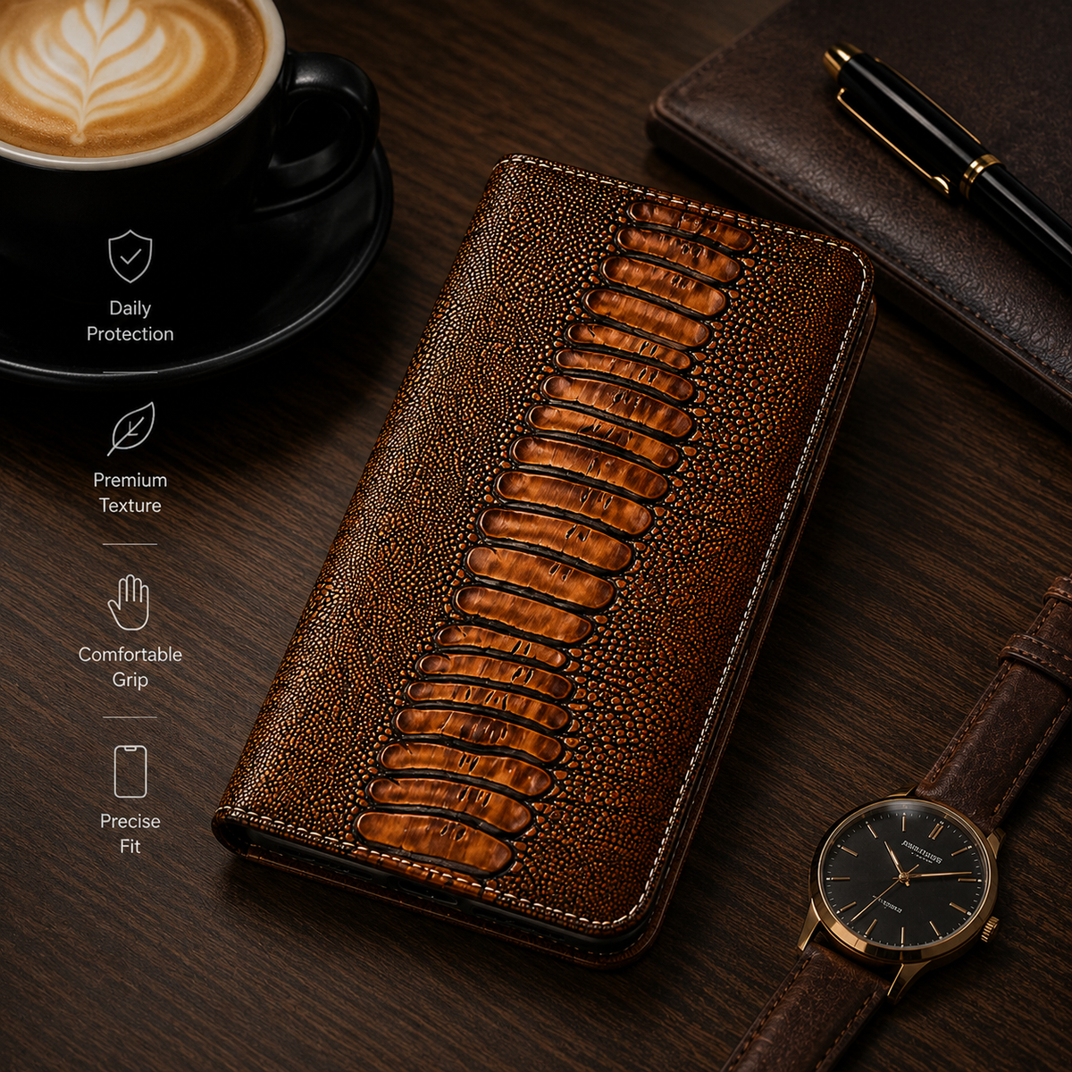 Premium iPhone Case Genuine Leather Ostrich Pattern Wallet Magnetic Card Holder Kickstand Water Resistant Anti Scratch Full Coverage Protective Cover