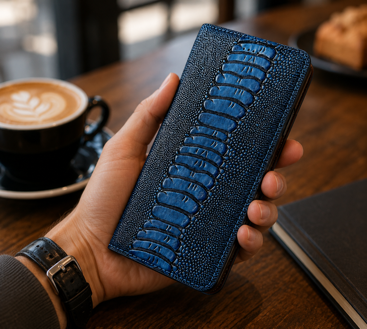 Premium iPhone Case Genuine Leather Ostrich Pattern Wallet Magnetic Card Holder Kickstand Water Resistant Anti Scratch Full Coverage Protective Cover