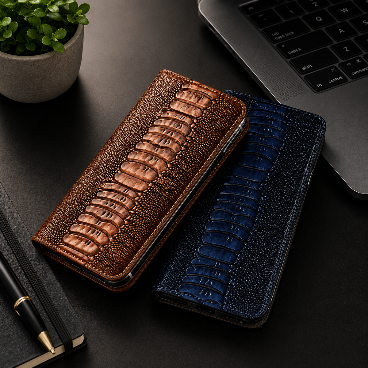Premium iPhone Case Genuine Leather Ostrich Pattern Wallet Magnetic Card Holder Kickstand Water Resistant Anti Scratch Full Coverage Protective Cover