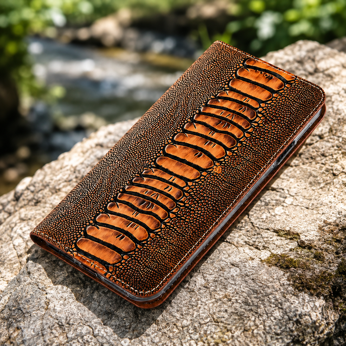 Premium iPhone Case Genuine Leather Ostrich Pattern Wallet Magnetic Card Holder Kickstand Water Resistant Anti Scratch Full Coverage Protective Cover