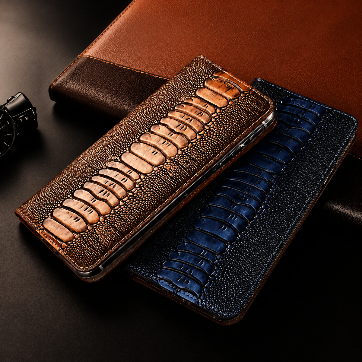 Premium iPhone Case Genuine Leather Ostrich Pattern Wallet Magnetic Card Holder Kickstand Water Resistant Anti Scratch Full Coverage Protective Cover