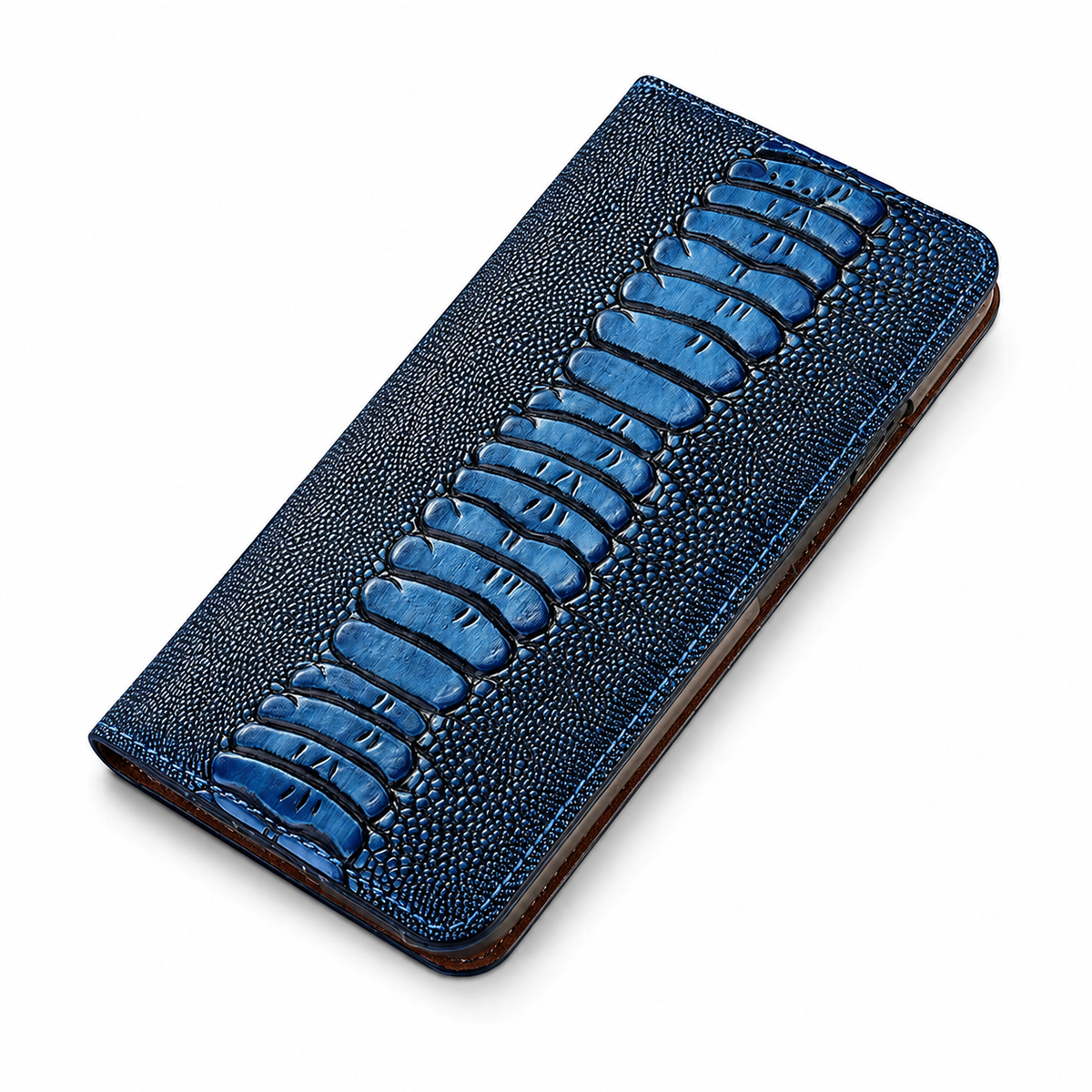 Premium iPhone Case Genuine Leather Ostrich Pattern Wallet Magnetic Card Holder Kickstand Water Resistant Anti Scratch Full Coverage Protective Cover