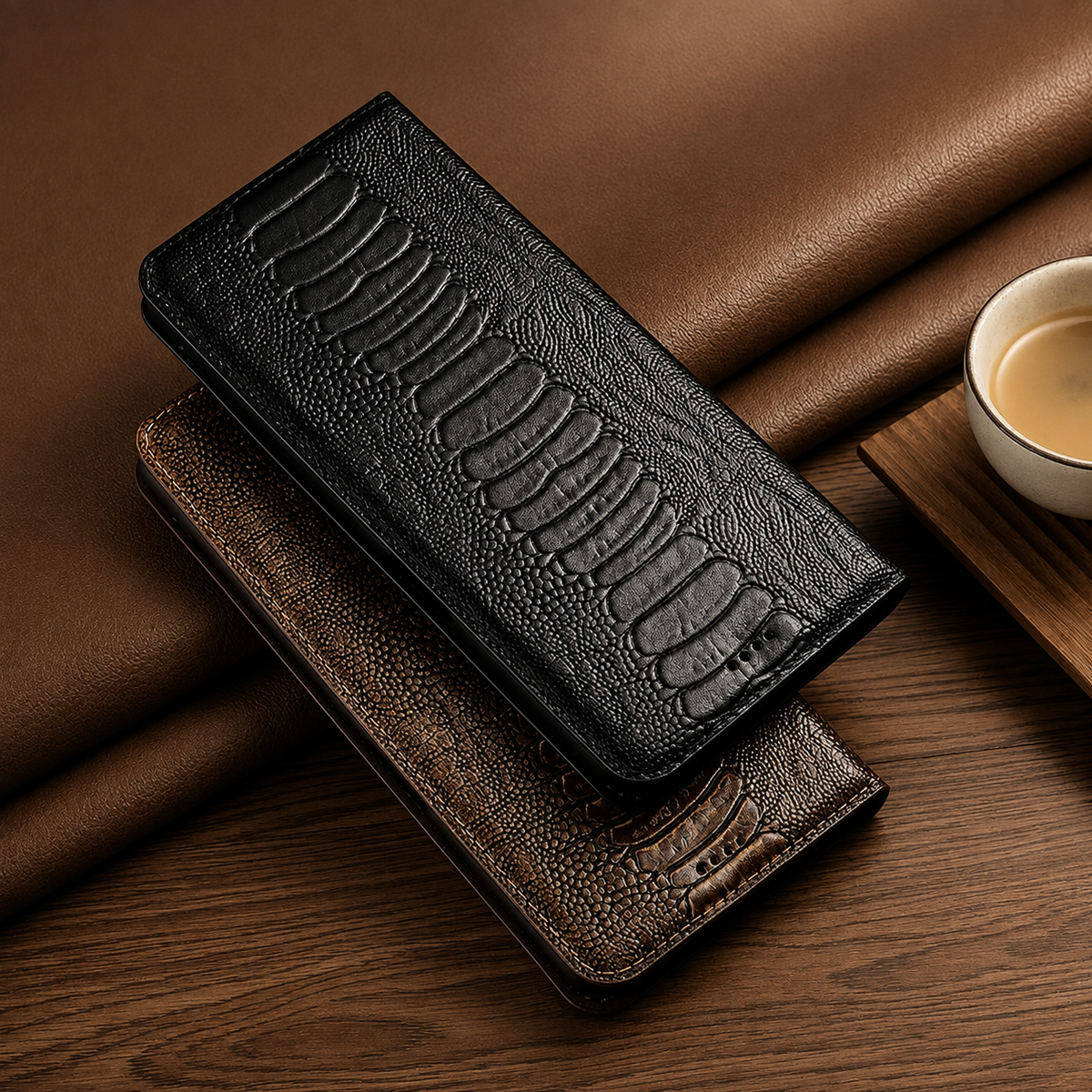 Premium iPhone Case Genuine Leather Ostrich Pattern Wallet Magnetic Card Holder Kickstand Water Resistant Anti Scratch Full Coverage Protective Cover